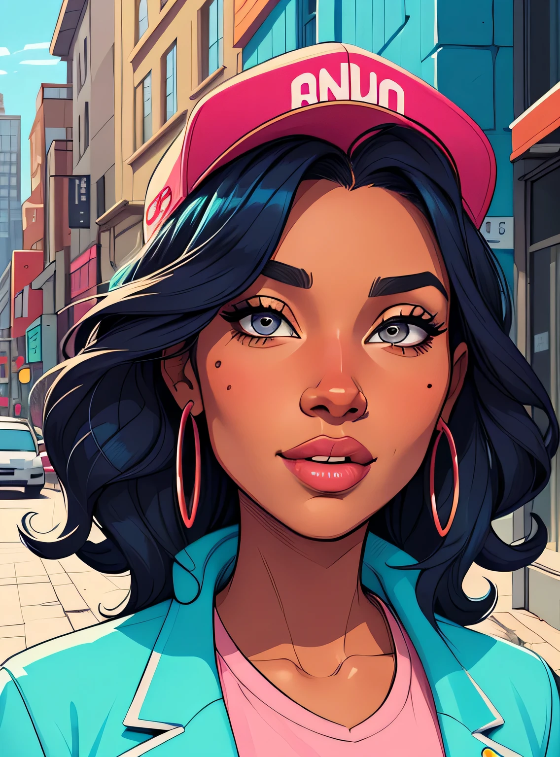 (estilo de desenho animado:1.2), Cartoon image of a woman with big African hair, hip hop cap and street clothes, jaqueta esportiva , garota funky super fofa, cartoon style illustration, estilo de arte dos desenhos animados, estilo de arte dos desenhos animados, digital illustration style, design de personagens altamente detalhado, arte digital detalhada fofa, City Girl Fan Art, design de personagem retrato, beautiful digital illustration, retrato de alta qualidade, arte em quadrinhos, Africa, retrato do design do personagem, fundo do graffiti