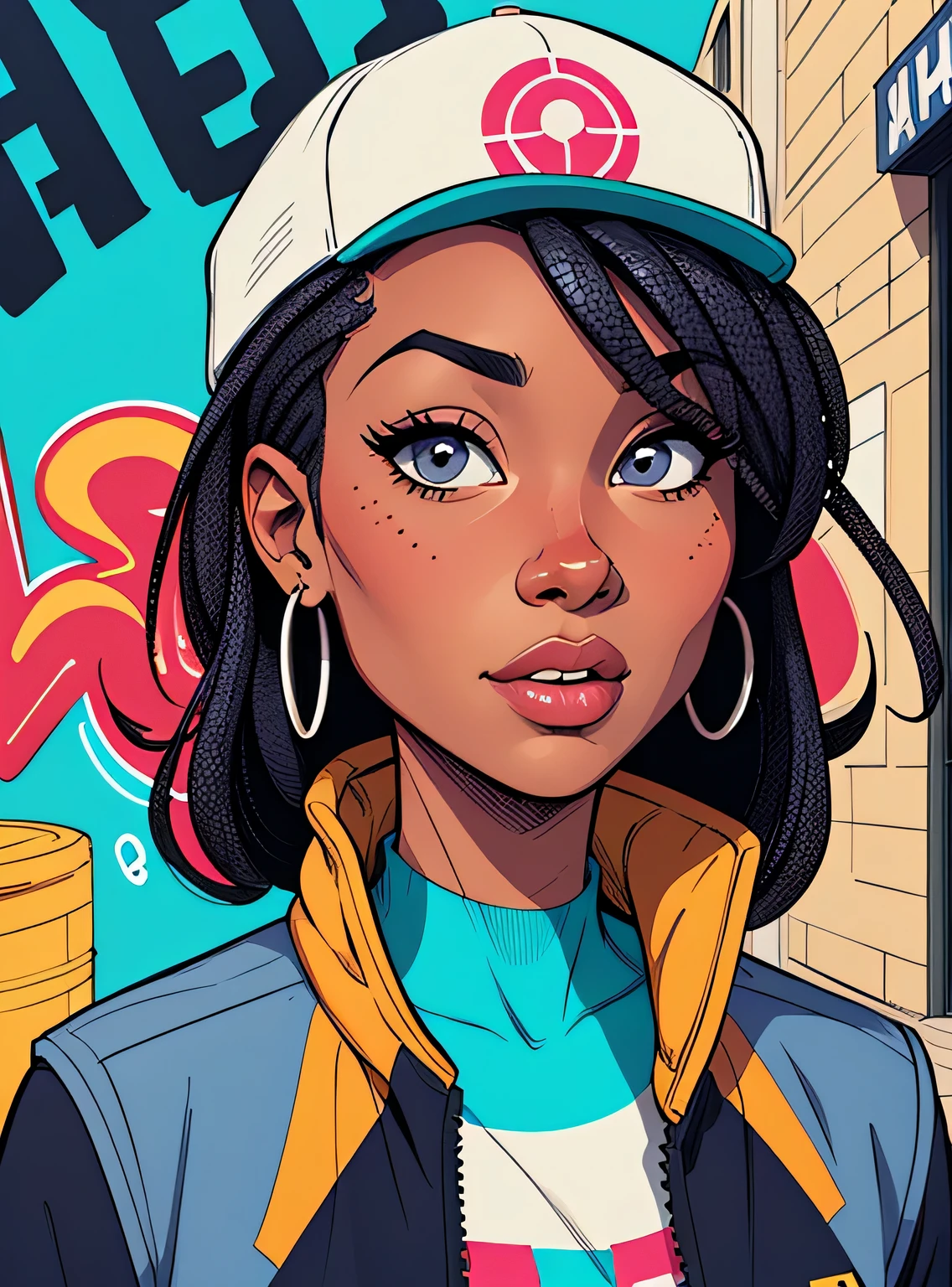 (estilo de desenho animado:1.2), Cartoon image of a woman with big African hair, hip hop cap and street clothes, jaqueta esportiva , garota funky super fofa, cartoon style illustration, estilo de arte dos desenhos animados, estilo de arte dos desenhos animados, digital illustration style, design de personagens altamente detalhado, arte digital detalhada fofa, City Girl Fan Art, design de personagem retrato, beautiful digital illustration, retrato de alta qualidade, arte em quadrinhos, Africa, retrato do design do personagem, fundo do graffiti