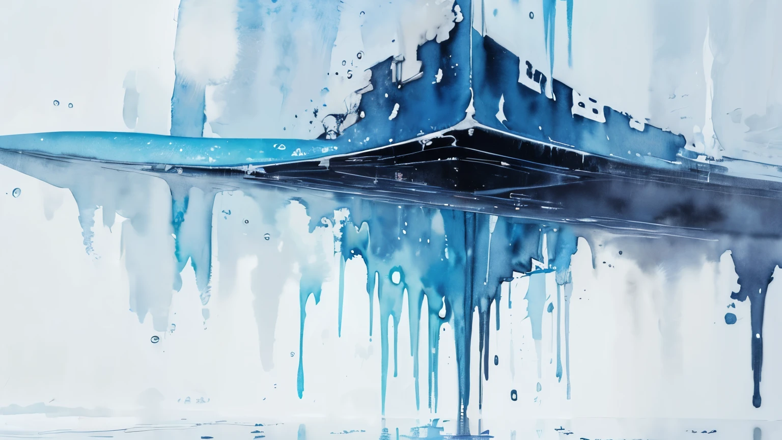 ((masutepiece)), (abstract art:1.5), (High Definition), from below, Best Quality, (watercolor painting:1.3), pale blue, wide shot, (cold atmosphere), raindrops, drop of water, (Rainning), (simple white background:1.10), cityscape, (reflected light)