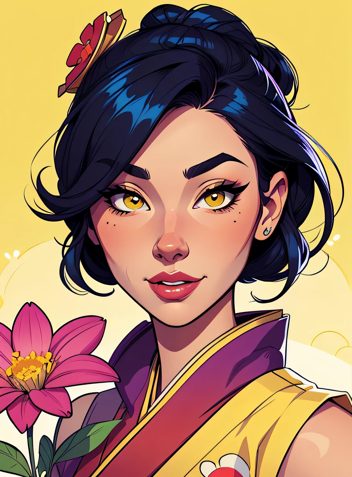 (estilo de desenho animado:1.2), Imagem de desenho animado de uma gueixa e flores, garota funky super fofa, cartoon style illustration, estilo de arte dos desenhos animados, estilo de arte dos desenhos animados, digital illustration style, design de personagens altamente detalhado, arte digital detalhada fofa, City Girl Fan Art, design de personagem retrato, beautiful digital illustration, retrato de alta qualidade, arte em quadrinhos, retrato do design do personagem, Fundo AMARELO