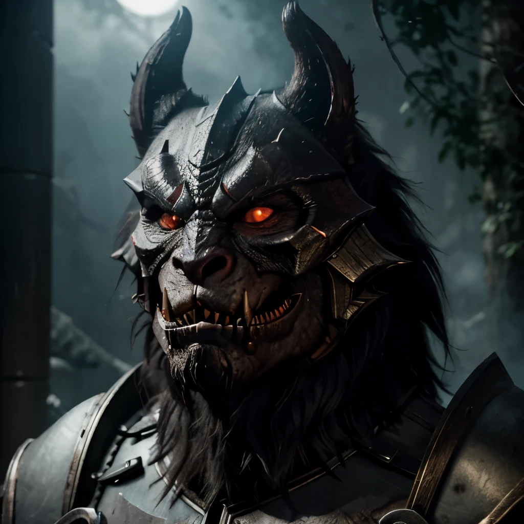 gewaltiges bestiealische Monster. Pointed teeth. Very evil aggressive terror panic psycho killer red fur big mutant gigantic dangerous dark demons evil wild animal creepy horror terrible dangerous masters fantasy realistic cinematic armored armor cosmos magic perfectly detailed.felliges Kreatur.beastman. riesenaxt high tech Techn