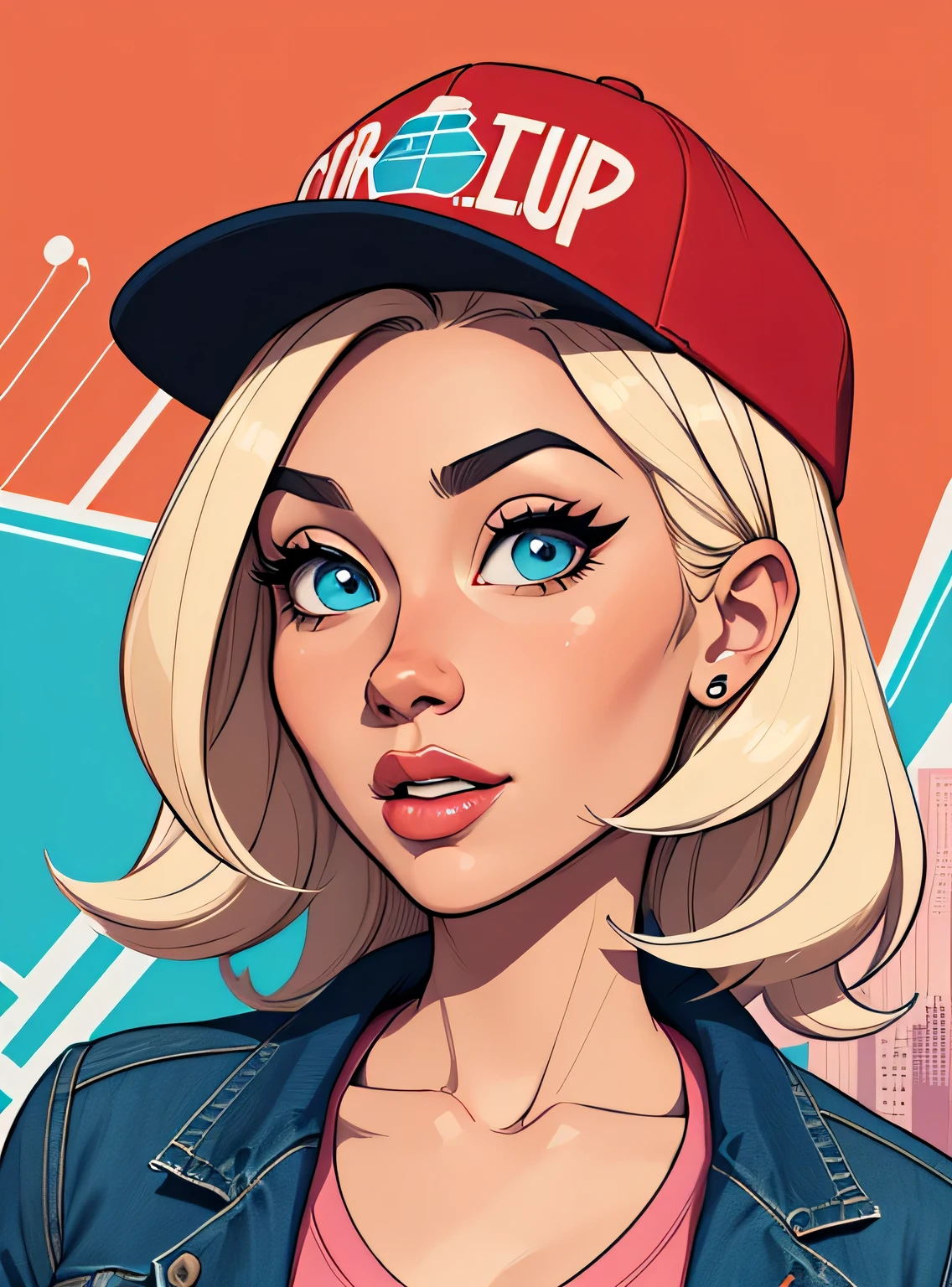 (estilo de desenho animado:1.2), Imagem de desenho animado de uma mulher com cabelo loiro, hip hop cap and street clothes, jaqueta esportiva , garota funky super fofa, cartoon style illustration, estilo de arte dos desenhos animados, estilo de arte dos desenhos animados, digital illustration style, design de personagens altamente detalhado, arte digital detalhada fofa, City Girl Fan Art, design de personagem retrato, beautiful digital illustration, retrato de alta qualidade, arte em quadrinhos, retrato do design do personagem, fundo do graffiti