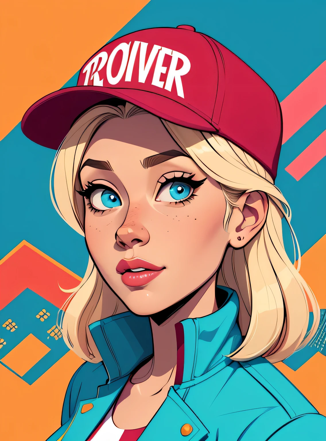 (estilo de desenho animado:1.2), Imagem de desenho animado de uma mulher com cabelo loiro, hip hop cap and street clothes, jaqueta esportiva , garota funky super fofa, cartoon style illustration, estilo de arte dos desenhos animados, estilo de arte dos desenhos animados, digital illustration style, design de personagens altamente detalhado, arte digital detalhada fofa, City Girl Fan Art, design de personagem retrato, beautiful digital illustration, retrato de alta qualidade, arte em quadrinhos, retrato do design do personagem, fundo do graffiti