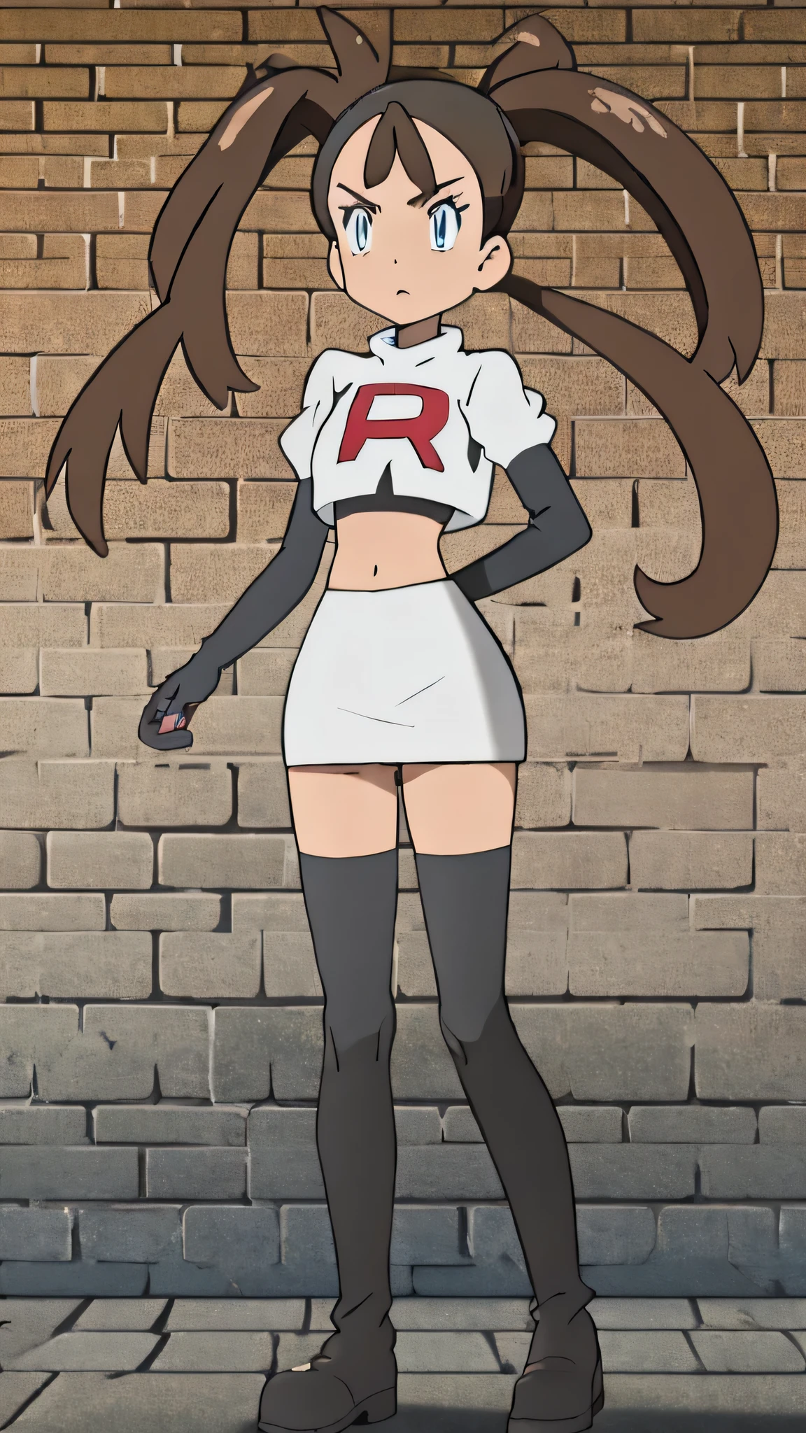 masterpiece, best quality, highres,team rocket uniform, red letter r, white skirt, white crop top, black thigh-high boots, black elbow gloves, glaring angrily, looking at viewer, hands on hips, full body seen, zettai ryouiki