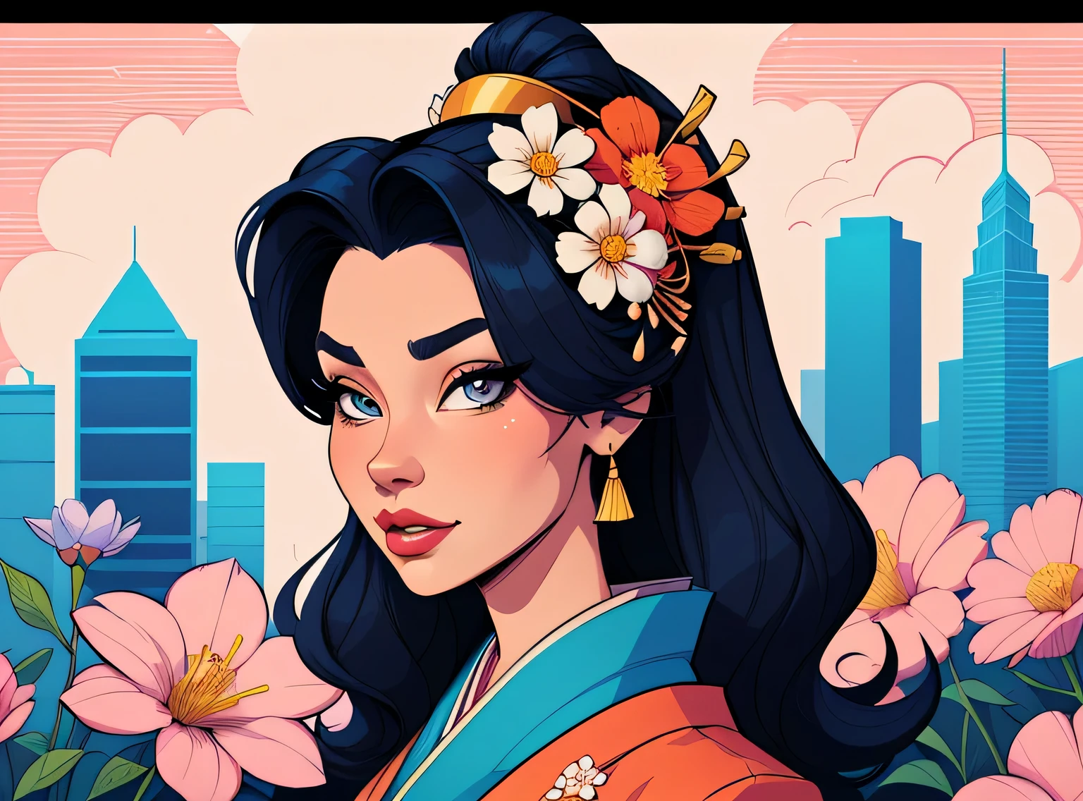 (estilo de desenho animado:1.2), Imagem de desenho animado de uma gueixa e flores, garota funky super fofa, cartoon style illustration, estilo de arte dos desenhos animados, estilo de arte dos desenhos animados, digital illustration style, design de personagens altamente detalhado, arte digital detalhada fofa, City Girl Fan Art, design de personagem retrato, beautiful digital illustration, retrato de alta qualidade, arte em quadrinhos, retrato do design do personagem, fundo floral