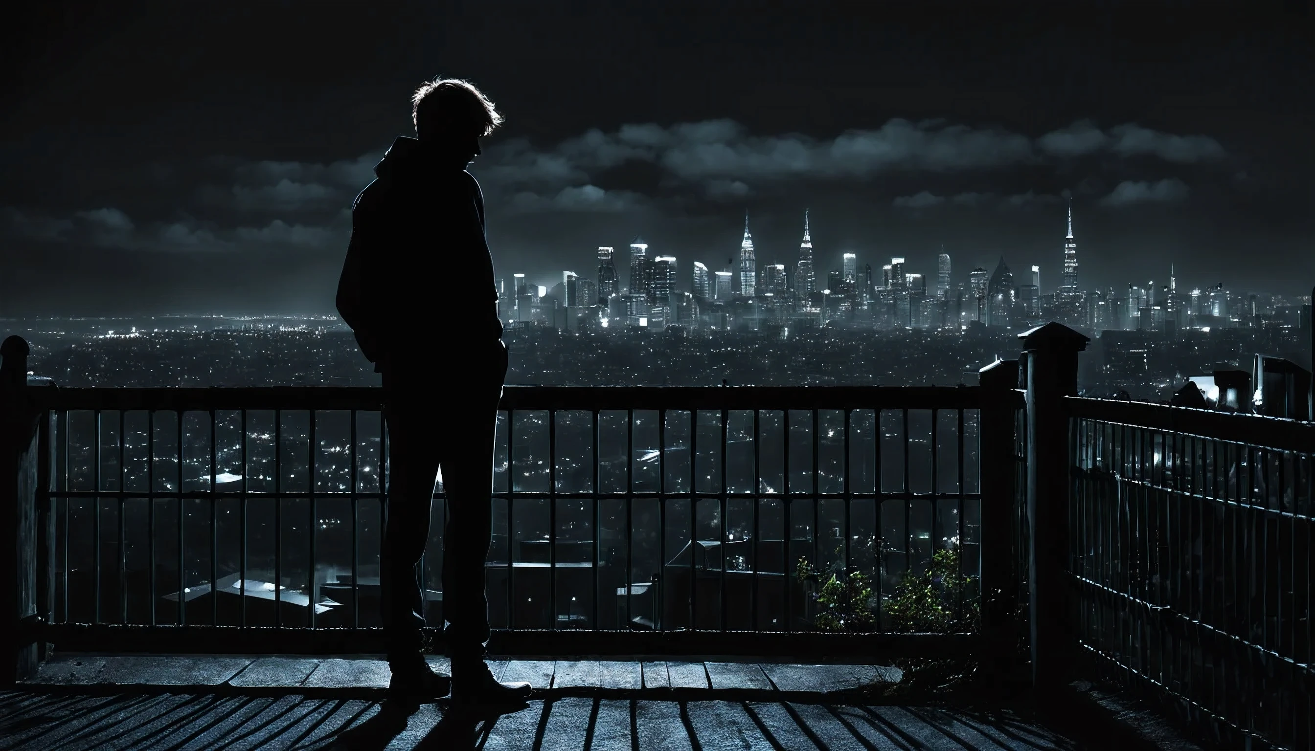 Shadowy illuminating Silhouettes of a lonely person in their own world leaning up against a fence on a rooftop overlooking a busy city at night lost in their own thoughts, Emphasizing the play of shadows and darkness, this aesthetic includes silhouettes of eerie figures and objects, 8k resolution, sharp, bold, ultra-realistic, ultra-detailed, ultra-high definition, beautiful details