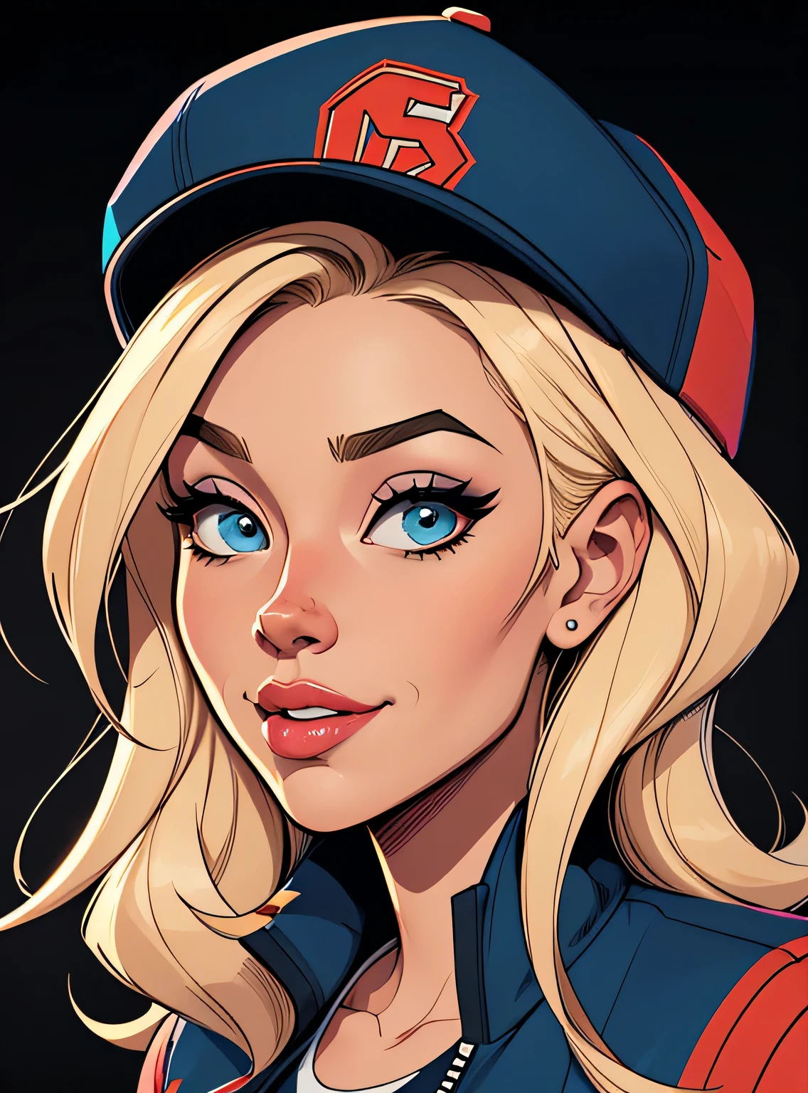 (estilo de desenho animado:1.2), Imagem de desenho animado de uma mulher com cabelo loiro, hip hop cap and street clothes, jaqueta esportiva , garota funky super fofa, cartoon style illustration, estilo de arte dos desenhos animados, estilo de arte dos desenhos animados, digital illustration style, design de personagens altamente detalhado, arte digital detalhada fofa, City Girl Fan Art, design de personagem retrato, beautiful digital illustration, retrato de alta qualidade, arte em quadrinhos, retrato do design do personagem, fundo preto