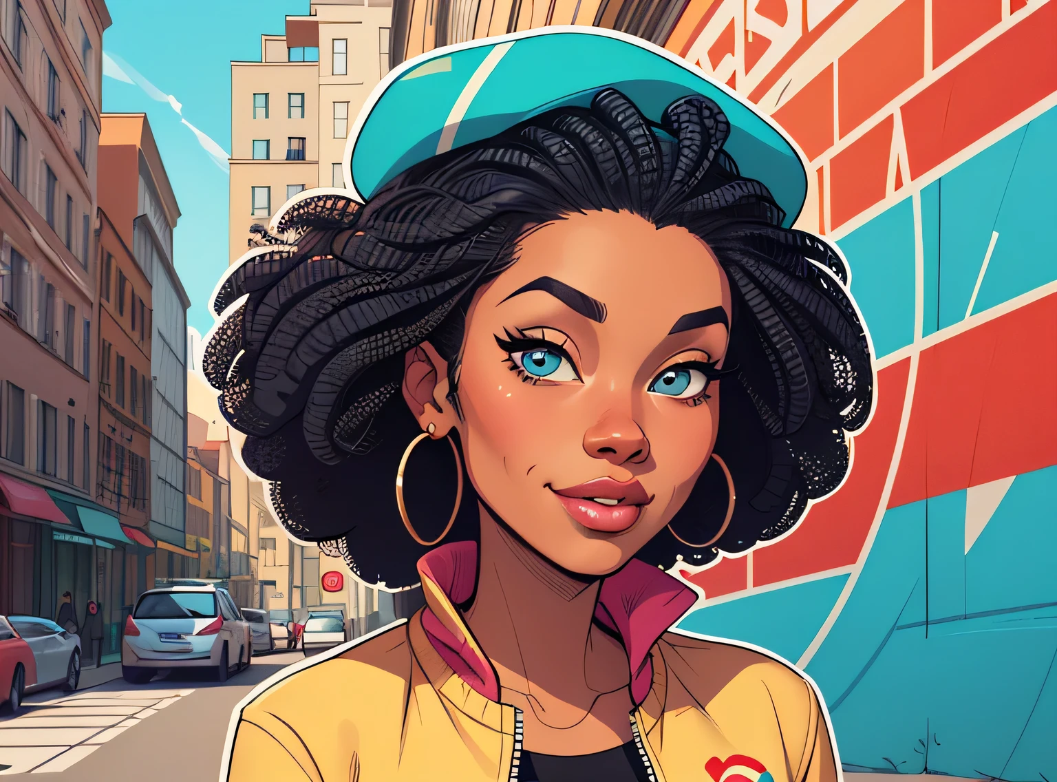 (estilo de desenho animado:1.2), Cartoon image of a woman with big African hair, hip hop cap and street clothes, jaqueta esportiva , garota funky super fofa, cartoon style illustration, estilo de arte dos desenhos animados, estilo de arte dos desenhos animados, digital illustration style, design de personagens altamente detalhado, arte digital detalhada fofa, City Girl Fan Art, design de personagem retrato, beautiful digital illustration, retrato de alta qualidade, arte em quadrinhos, Africa, retrato do design do personagem, fundo do graffiti