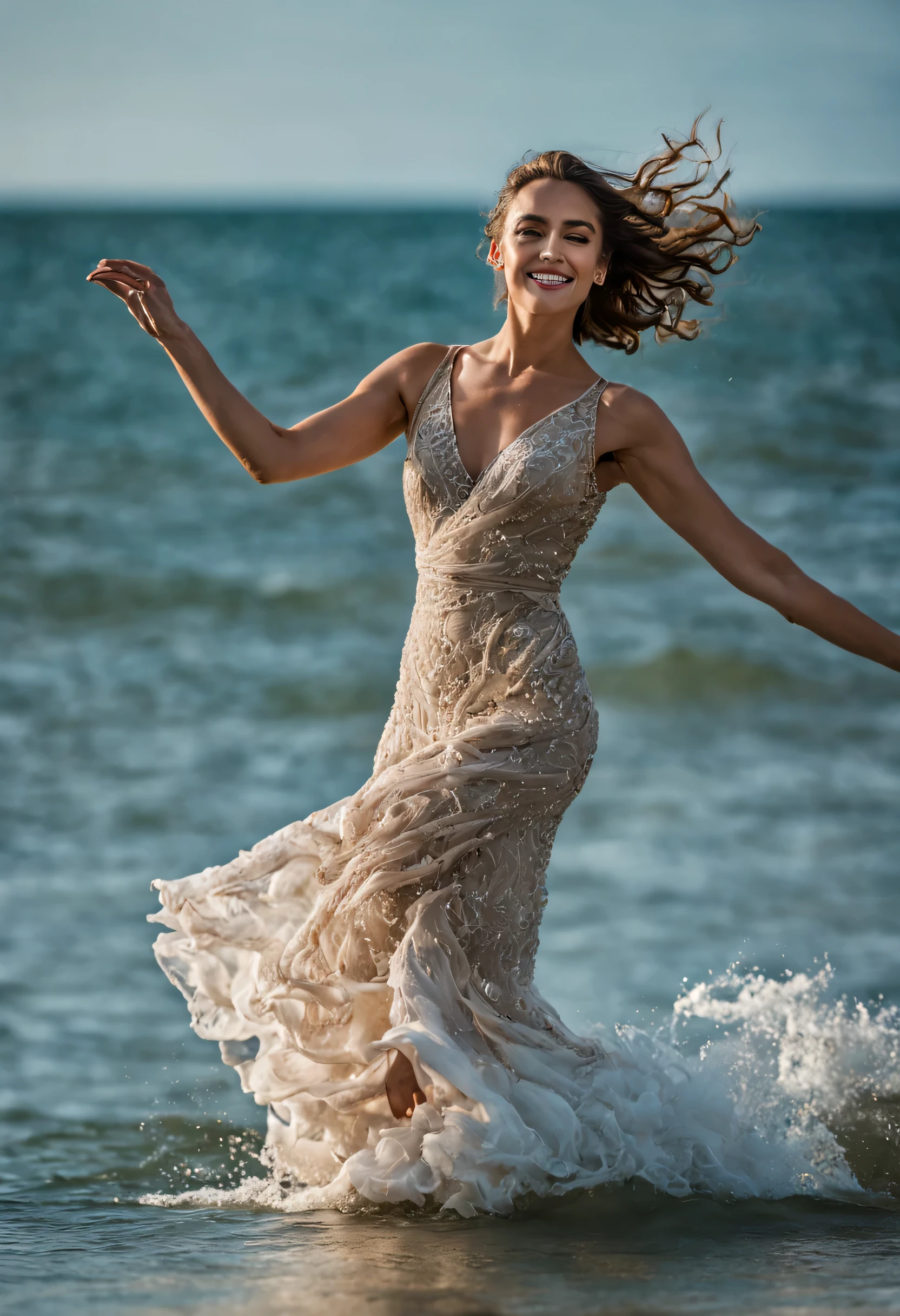 Crea una mujer de cuerpo entero bailando en el mar., Tomada con Sony Alpha a9 II y Sony FE 200-600 mm f./5.6-6.Lente 3G OSS, Luz natural, Hyperrealistic photography, ultra detallado  