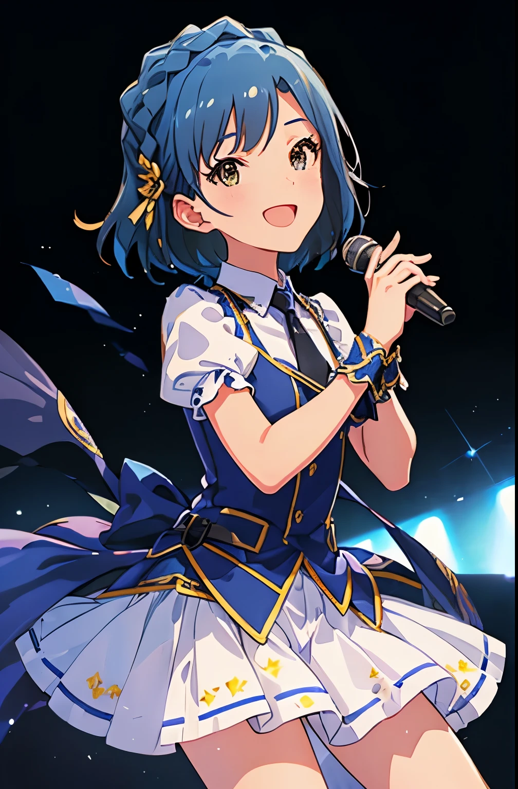 yuriko nanao (million live), 1 girl, Solo, Cute Girl, Best Quality, Ultra-detailed, 8K, High resolution, (((face focus:1.3))), Detailed face, singing on the stage, holding a microphone, looking at viewer, (smile, ;d:1.5), opened mouth, reach out a hand for viewer, Bob Hair, ((sweat)), ((idol costume:1.1, blue vest, short sleeves, puffy sleeves, black necktie)), 