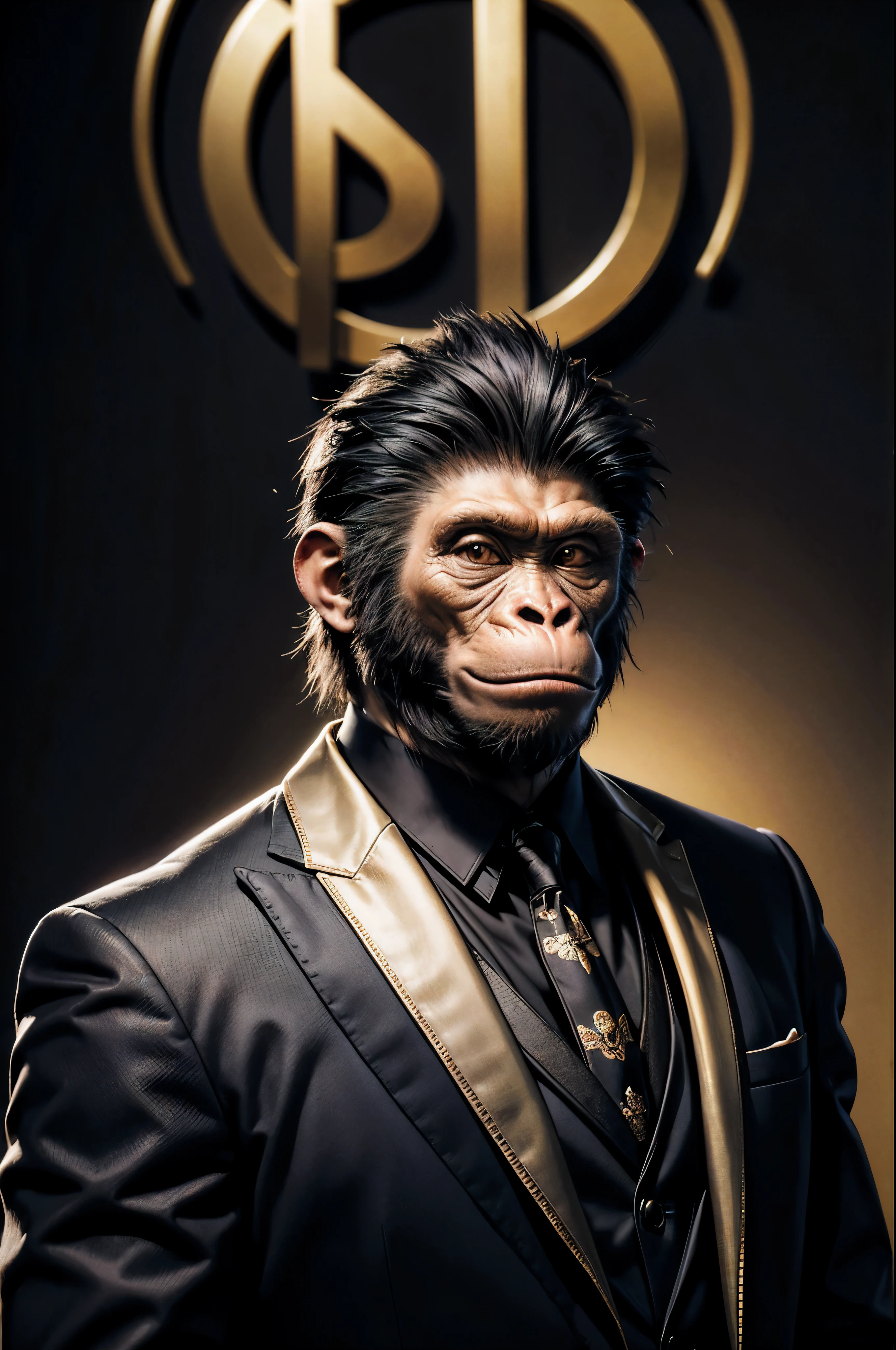 cool monkey in a suit, Wearing a mask, bitcoin, money, 8K, Unreal Quality, accuracy of products, unreal engine 5, wonderful Monkey strikes a regal pose, Exuding confidence and sophistication. photo, a testament to the monkey's impeccable fashion sense, is a masterful creation by a famous photographer. Black background
