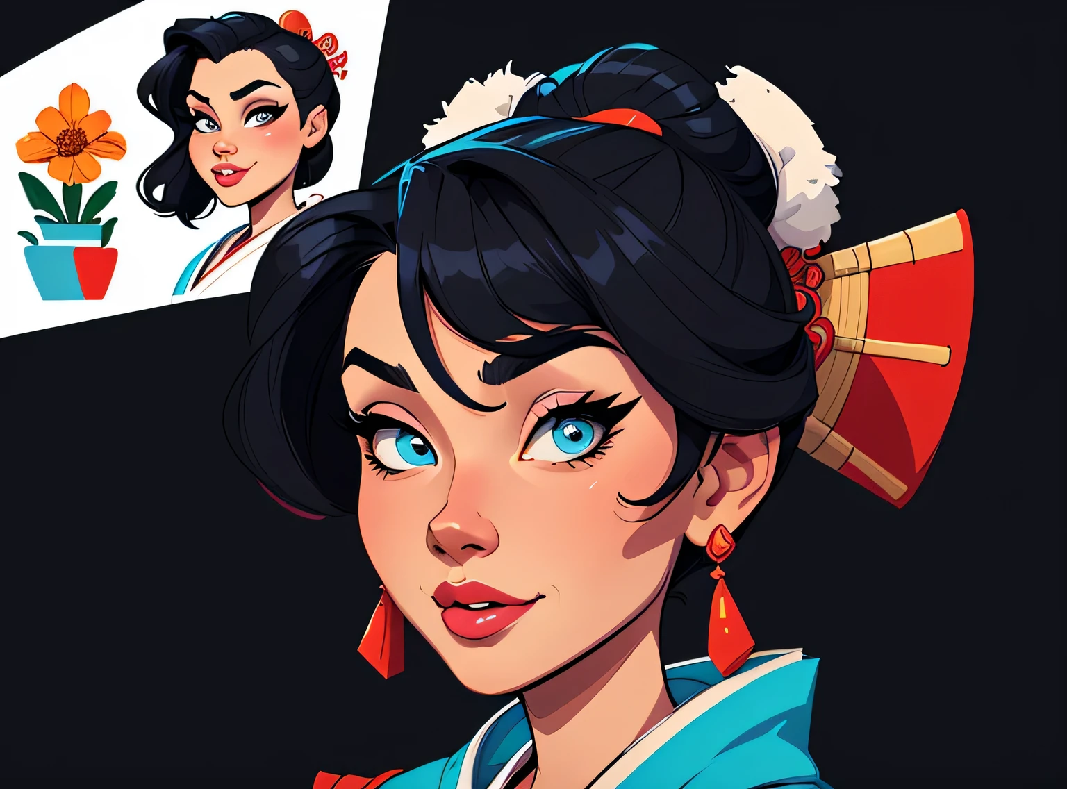 (estilo de desenho animado:1.2), Imagem de desenho animado de uma gueixa e flores, garota funky super fofa, cartoon style illustration, estilo de arte dos desenhos animados, estilo de arte dos desenhos animados, digital illustration style, design de personagens altamente detalhado, arte digital detalhada fofa, City Girl Fan Art, design de personagem retrato, beautiful digital illustration, retrato de alta qualidade, arte em quadrinhos, retrato do design do personagem, fundo preto