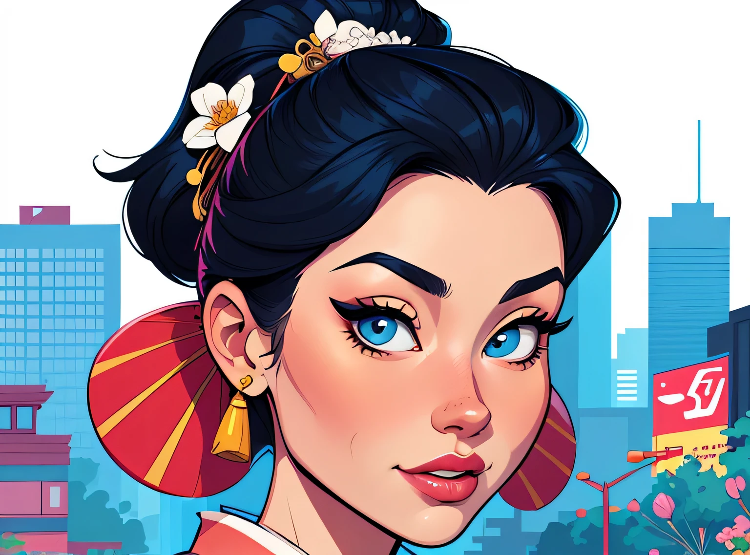 (estilo de desenho animado:1.2), Imagem de desenho animado de uma gueixa e flores, garota funky super fofa, cartoon style illustration, estilo de arte dos desenhos animados, estilo de arte dos desenhos animados, digital illustration style, design de personagens altamente detalhado, arte digital detalhada fofa, City Girl Fan Art, design de personagem retrato, beautiful digital illustration, retrato de alta qualidade, arte em quadrinhos, retrato do design do personagem, fundo branco