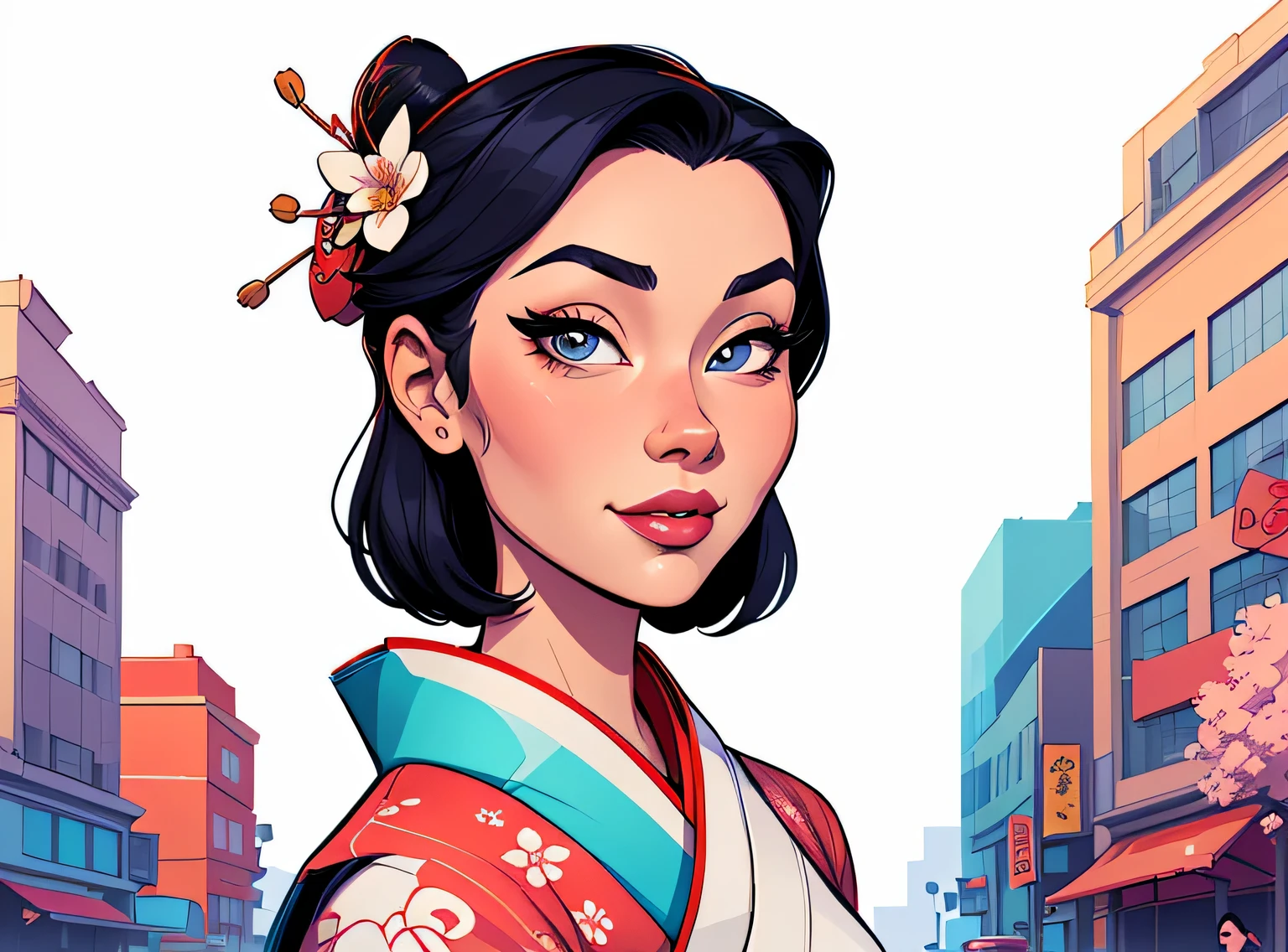 (estilo de desenho animado:1.2), Imagem de desenho animado de uma gueixa e flores, garota funky super fofa, cartoon style illustration, estilo de arte dos desenhos animados, estilo de arte dos desenhos animados, digital illustration style, design de personagens altamente detalhado, arte digital detalhada fofa, City Girl Fan Art, design de personagem retrato, beautiful digital illustration, retrato de alta qualidade, arte em quadrinhos, retrato do design do personagem, fundo branco