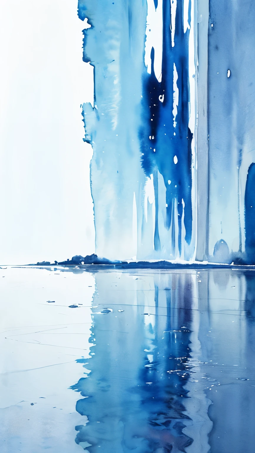 ((masutepiece)), (abstract art:1.5), (High Definition), from side, Best Quality, (watercolor painting:1.3), pale blue, wide shot, (cold atmosphere), raindrops, drop of water, (Rainning), (simple white background:1.10), cityscape, (reflected light)