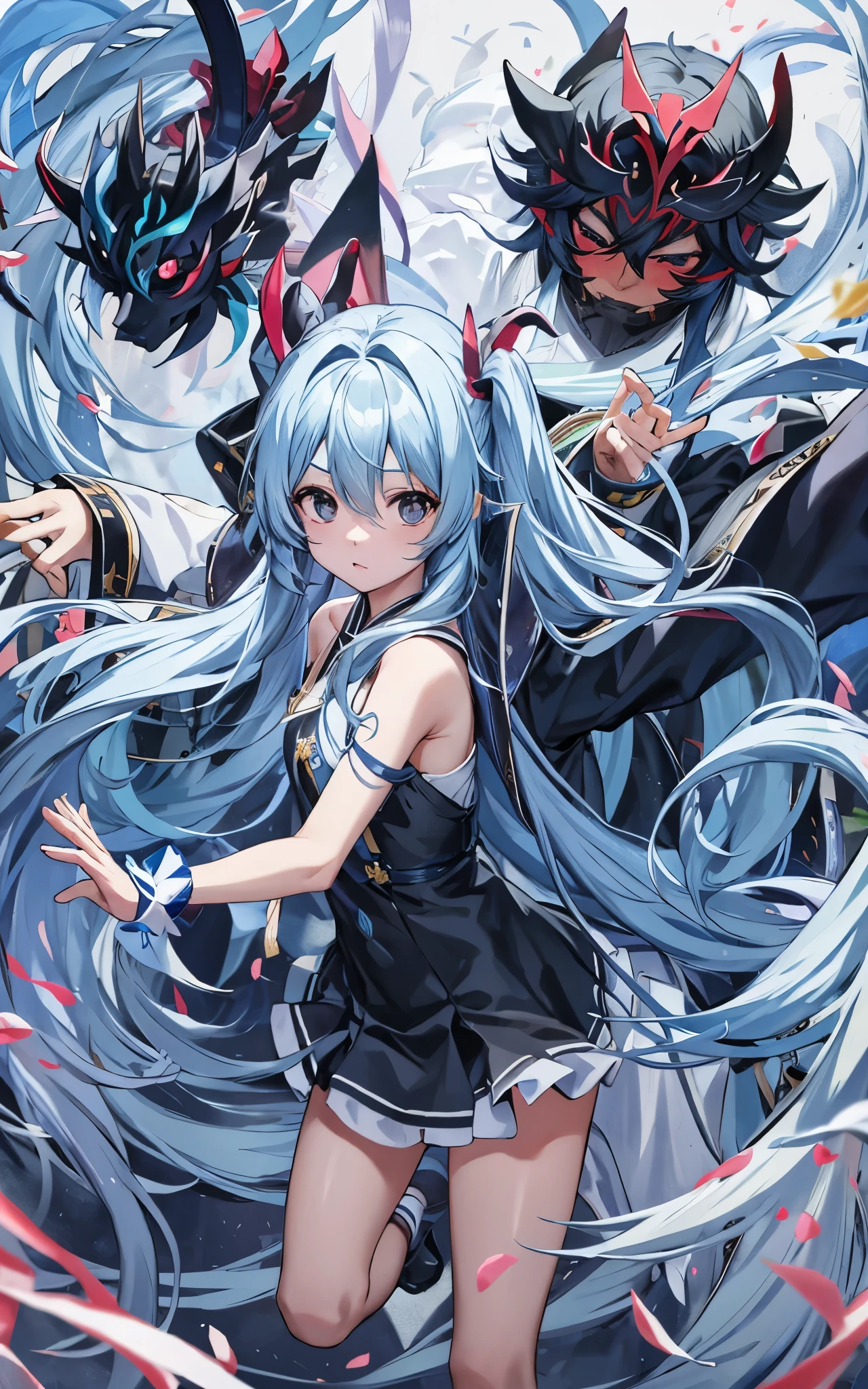 light blue long hair、Twin-tailed girl, black eyes、Have beans、Chasing someone wearing a demon mask、Face-to-face audience,  