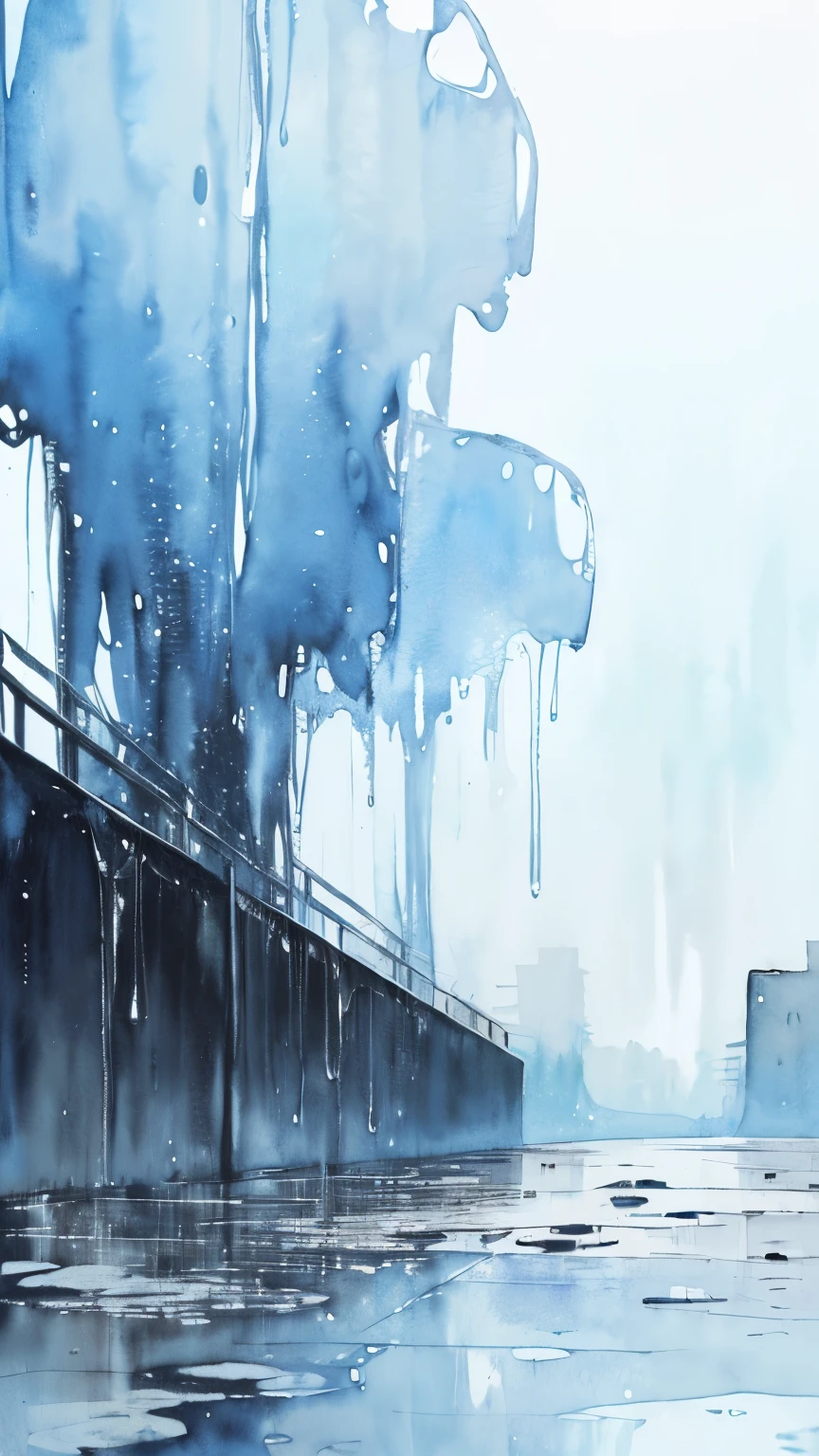 ((masutepiece)), (abstract art:1.5), (High Definition), from side, Best Quality, (watercolor painting:1.3), pale blue, wide shot, (cold atmosphere), raindrops, drop of water, (Rainning), (simple white background:1.10), cityscape, (downpour),
