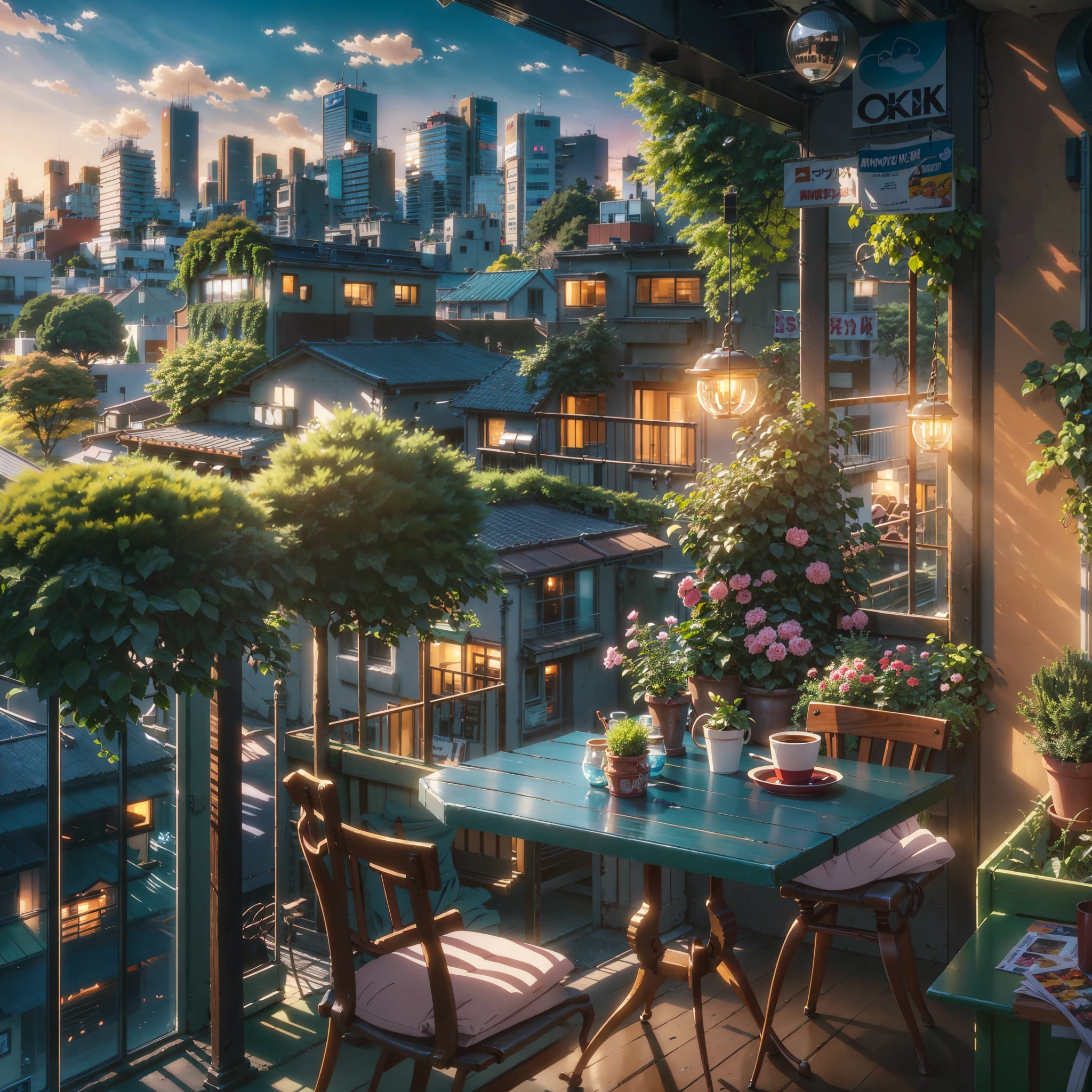 there is a table and chairs on a balcony with a view of the city, anime background art, cozy cafe background, beautiful cityscape, anime art wallpaper 4k, anime art wallpaper 4 k, beautiful anime scene, 4k anime wallpaper, anime art wallpaper 8 k, anime background, anime wallpaper 4 k, anime wallpaper 4k, colorful anime movie background, amazing wallpaper