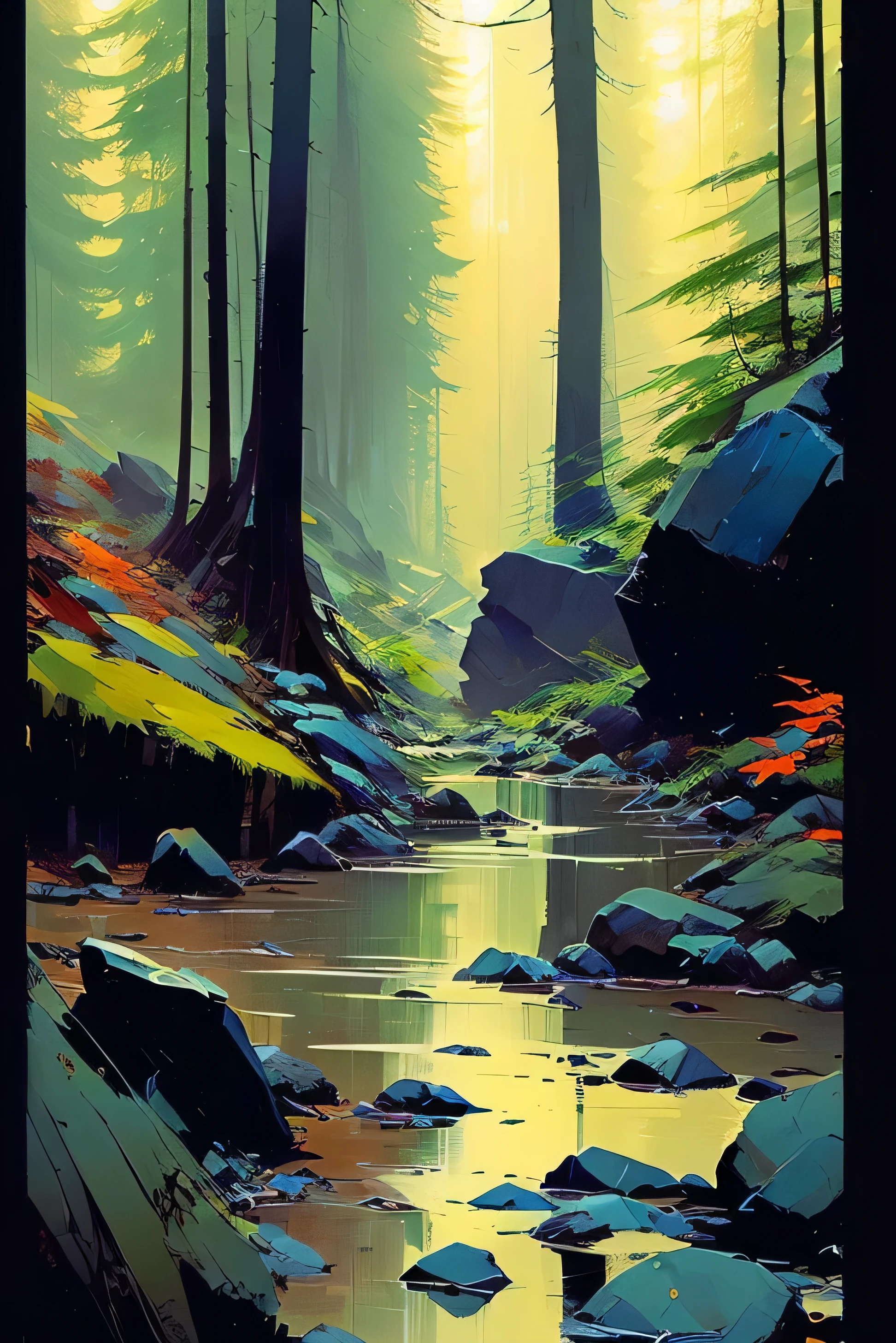 A painting of a forest with a stream and rocks inspired by Brian Despain, great artists: (((Jeremy Mann, Bernie Wrightson, Takeshi Obata, Benoit Peeters, Thomas Schaller, Pascal Campion, Kim Jung Gi, Jeffrey Catherine Jones, and Benedick Bana))) blending in a (seamless, silky composition)