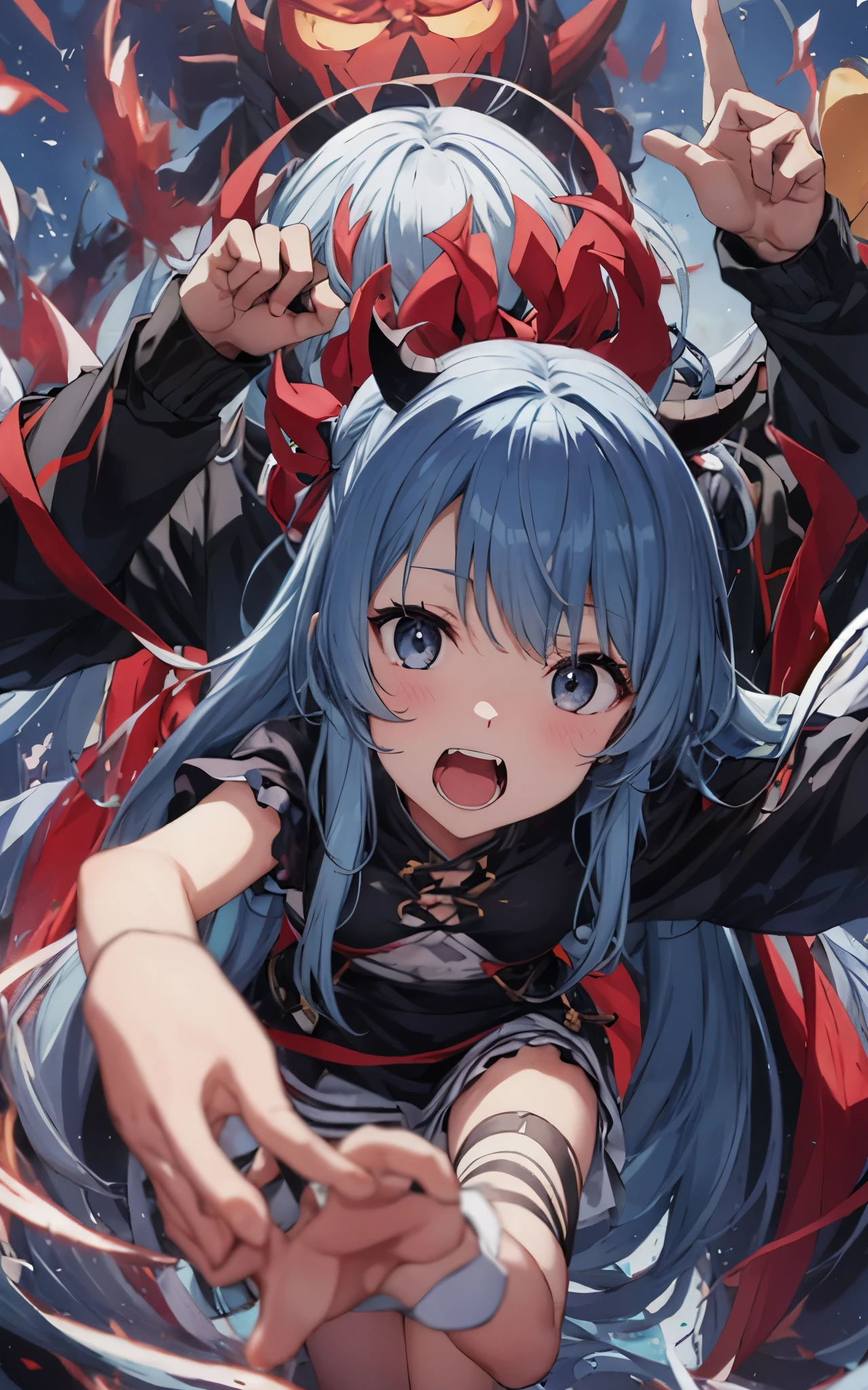 light blue long hair、Twin-tailed girl, black eyes、Have beans、Chasing someone wearing a demon mask、Face-to-face audience,  