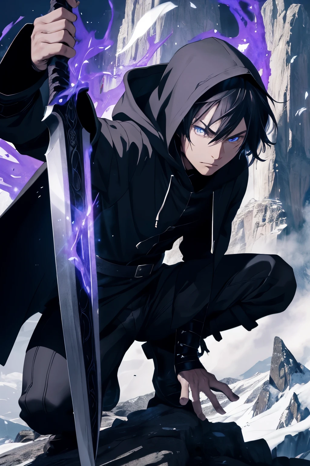 male, black armor, coat, fantasy, western sword, blue eyes, black hair, mage knight, hooded, short hair, solo, adult