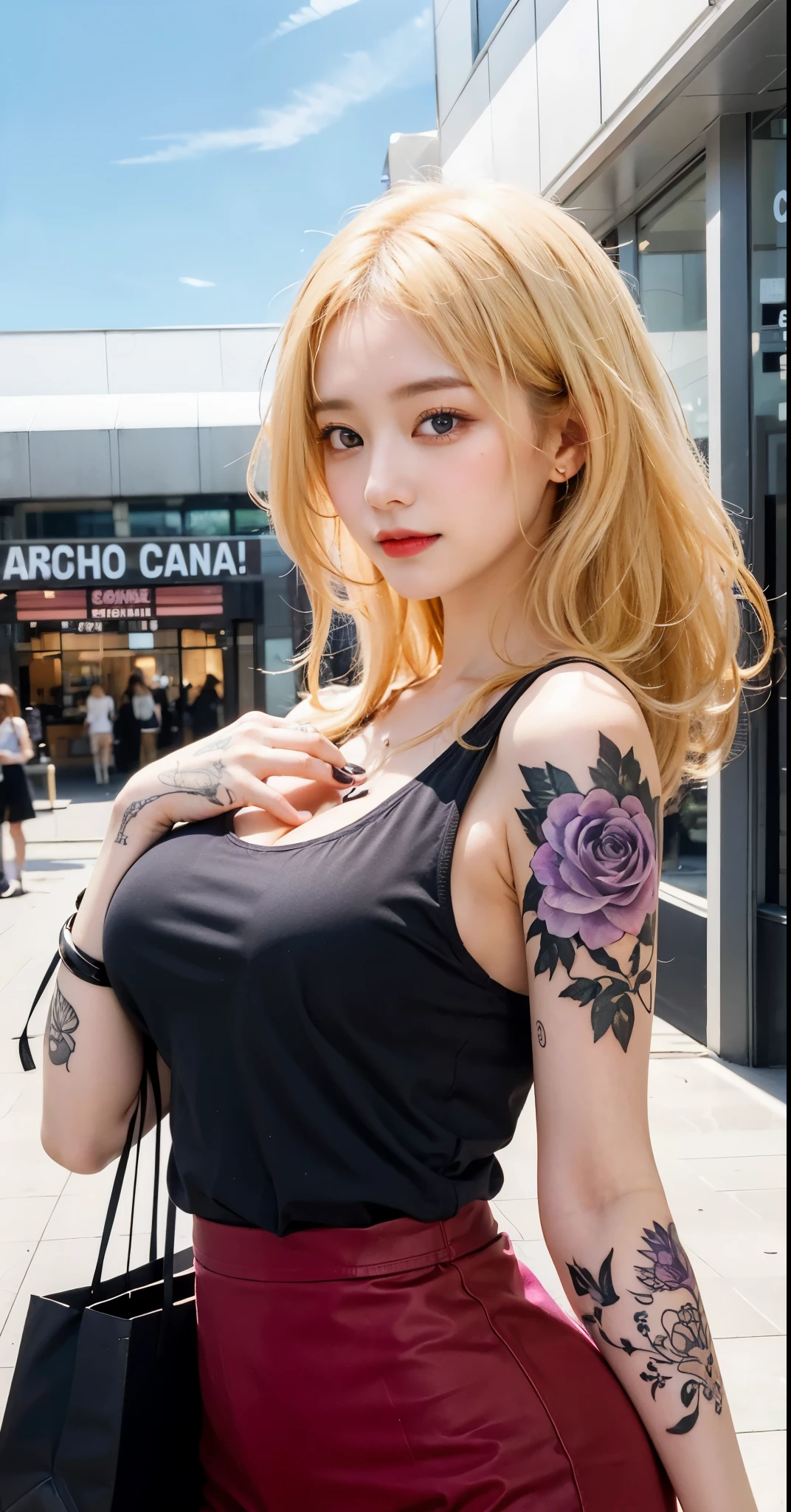 beautiful girl with tattoos and a black top posing for a picture, seductive reallistic girl, attractive reallistic girl, beautiful reallistic girl, blonde girl with long hair, beautiful alluring reallistic woman, photoshoot style, reallistic style, beautiful woman, detailed reallistic, beautiful girl wearing a black dress, purple eyes, detailed purple eyes, light purple eyes, big breast, large breast, cocolia rand, cocolia honkai star rail, cocolia reallistic, smiling expression,