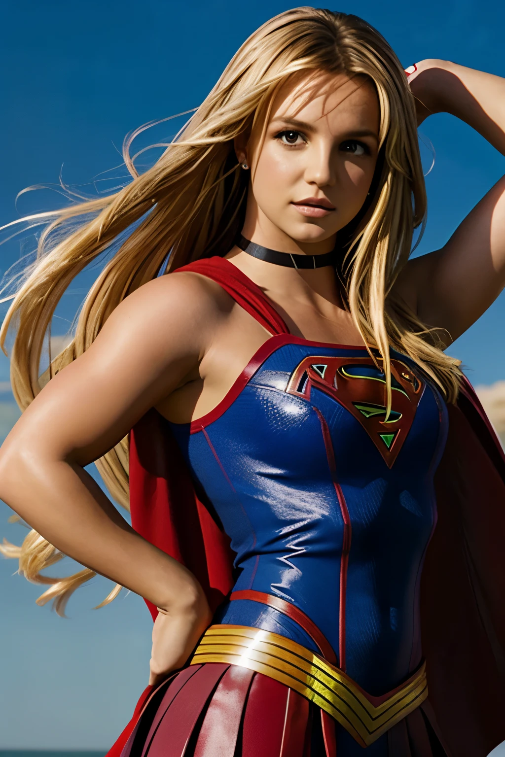 Britney Spears, Peinado largo y rubio vestida como Supergirl. , Imagen real de brazos cruzados 4K