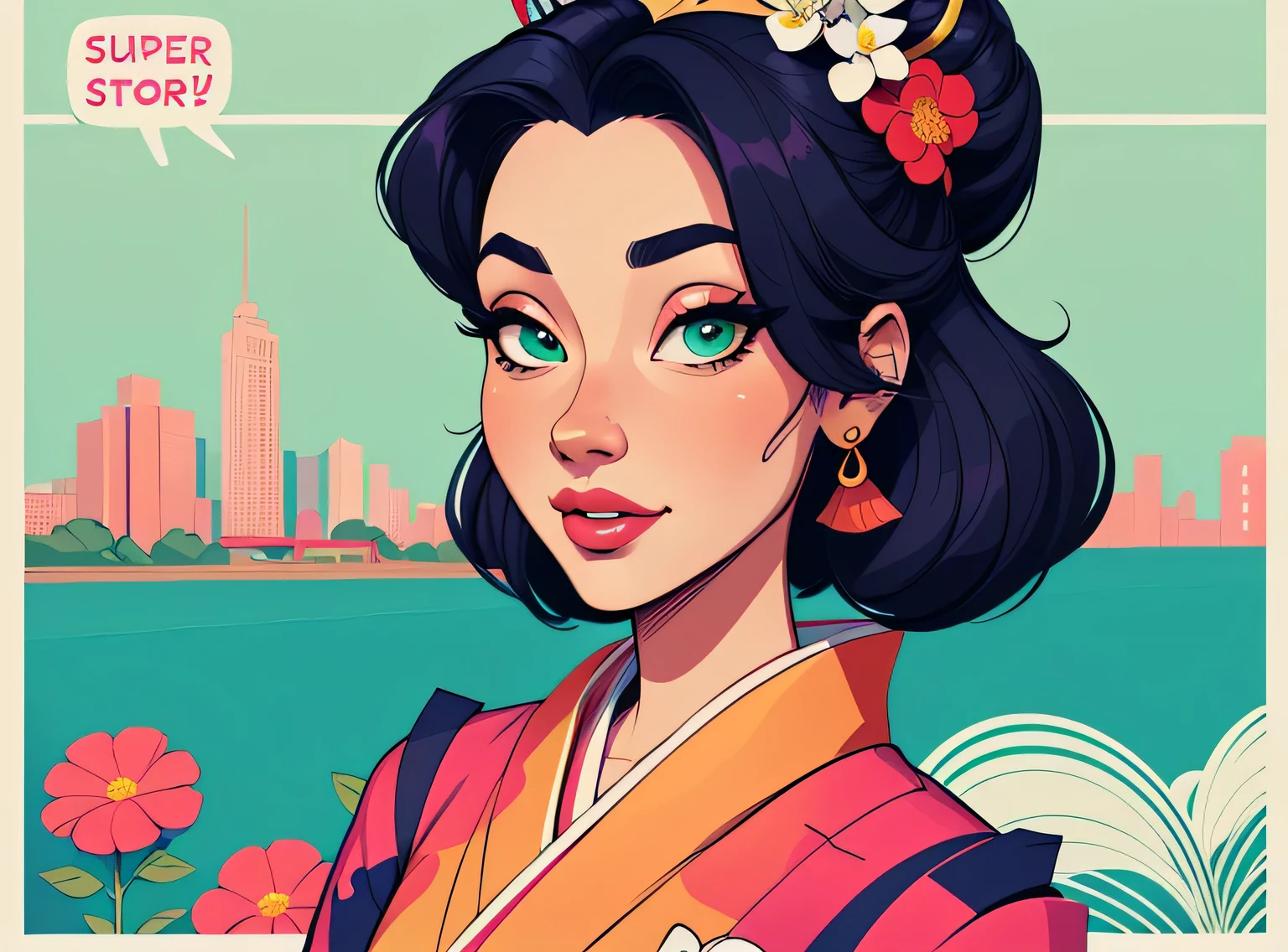 (estilo de desenho animado:1.2), Imagem de desenho animado de uma gueixa e flores, garota funky super fofa, cartoon style illustration, estilo de arte dos desenhos animados, estilo de arte dos desenhos animados, digital illustration style, design de personagens altamente detalhado, arte digital detalhada fofa, City Girl Fan Art, design de personagem retrato, beautiful digital illustration, retrato de alta qualidade, arte em quadrinhos, retrato do design do personagem, fundo verde
