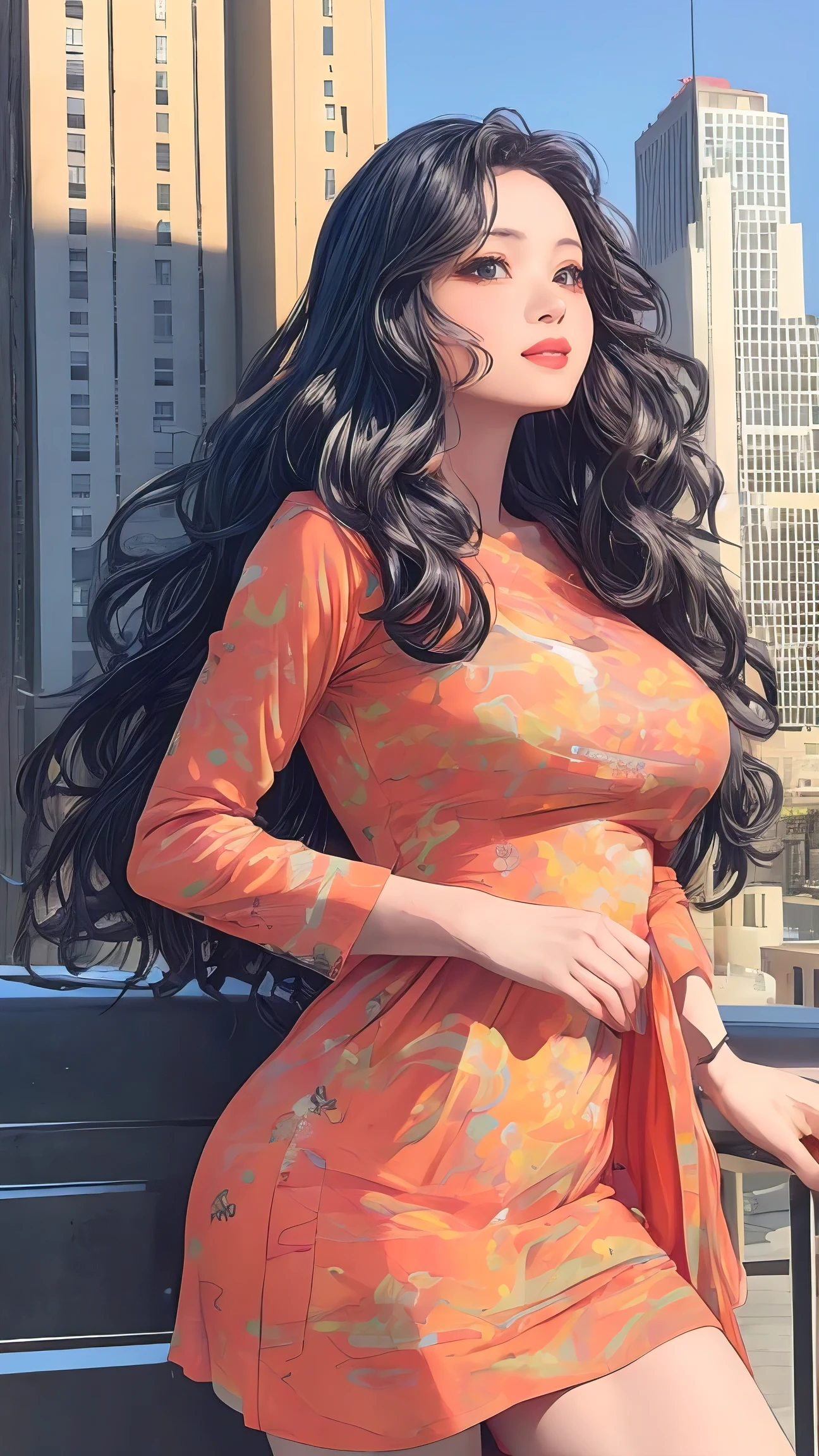 (best quality, masterpiece, photorealistic:1.3), wavy hair, printed sexy minidress, big city