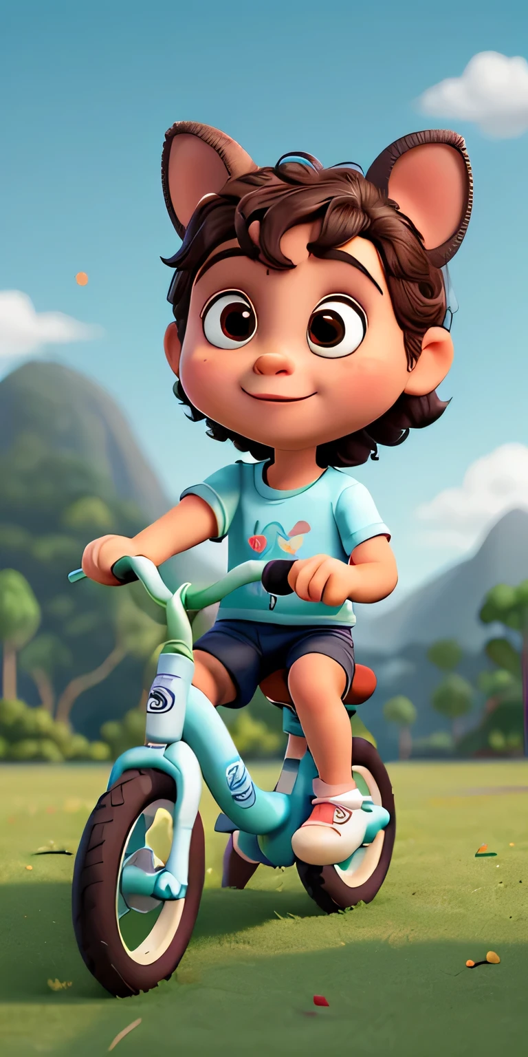 a close-up of a baby sitting on a toy bicycle on the grass, com um parque ao fundo, trying to ride it, andar de bicicleta, rio na frente dele, atrevido!!!, assumindo o controle enquanto sorri, imagem de perfil, really trying to ride it, ele tem cerca de 30 anos, ele tem cerca de 3 0 anos, imagem de avatar, imagem de perfil