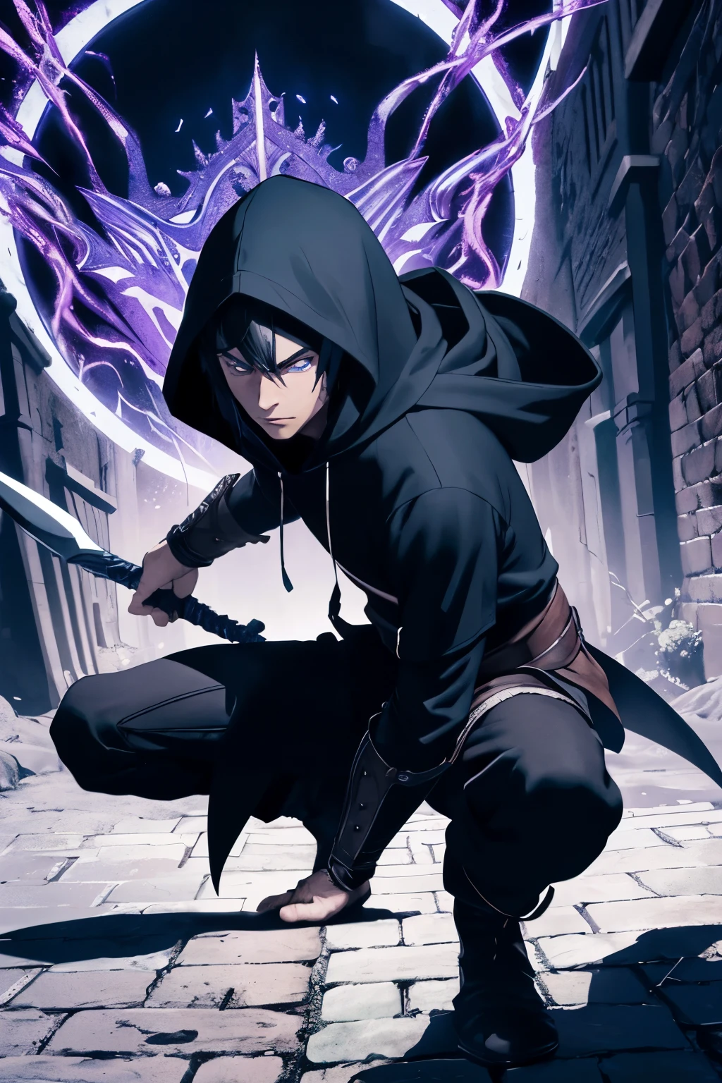 (extremely detailed 8k wallpaper), a medium shot of a fearful young rogue, male, male focus, elf, black hair, blue eyes, black clothing, hooded, medieval, intricate, high detail, with a shadow blade in his hand with purple fire, crouched, serene, ready for combat