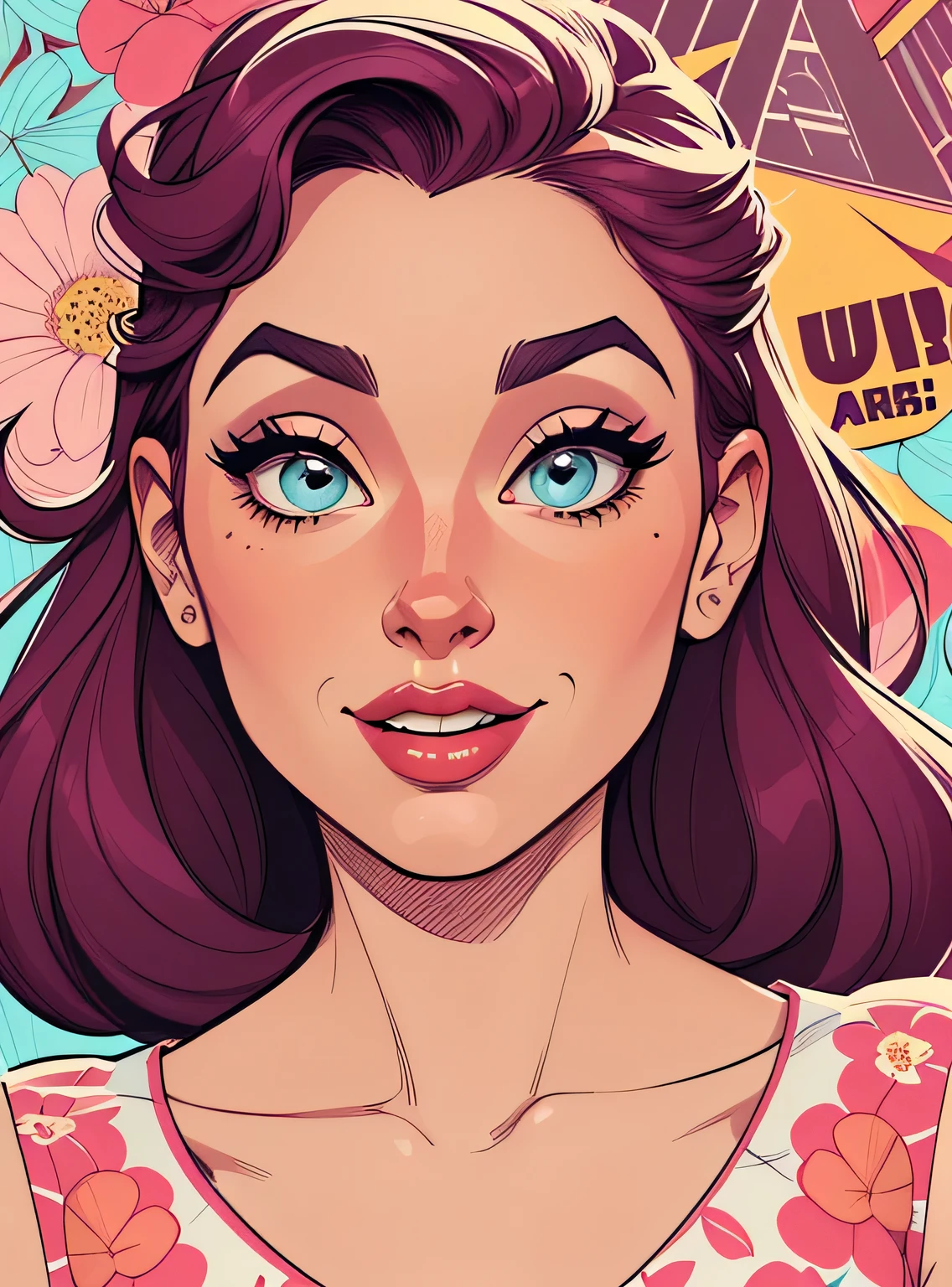 (estilo de desenho animado:1.2), Cartoon image of a woman in retro pin up style, garota funky super fofa, cartoon style illustration, estilo de arte dos desenhos animados, estilo de arte dos desenhos animados, digital illustration style, design de personagens altamente detalhado, arte digital detalhada fofa, City Girl Fan Art, design de personagem retrato, beautiful digital illustration, retrato de alta qualidade, arte em quadrinhos, retrato do design do personagem, fundo floral