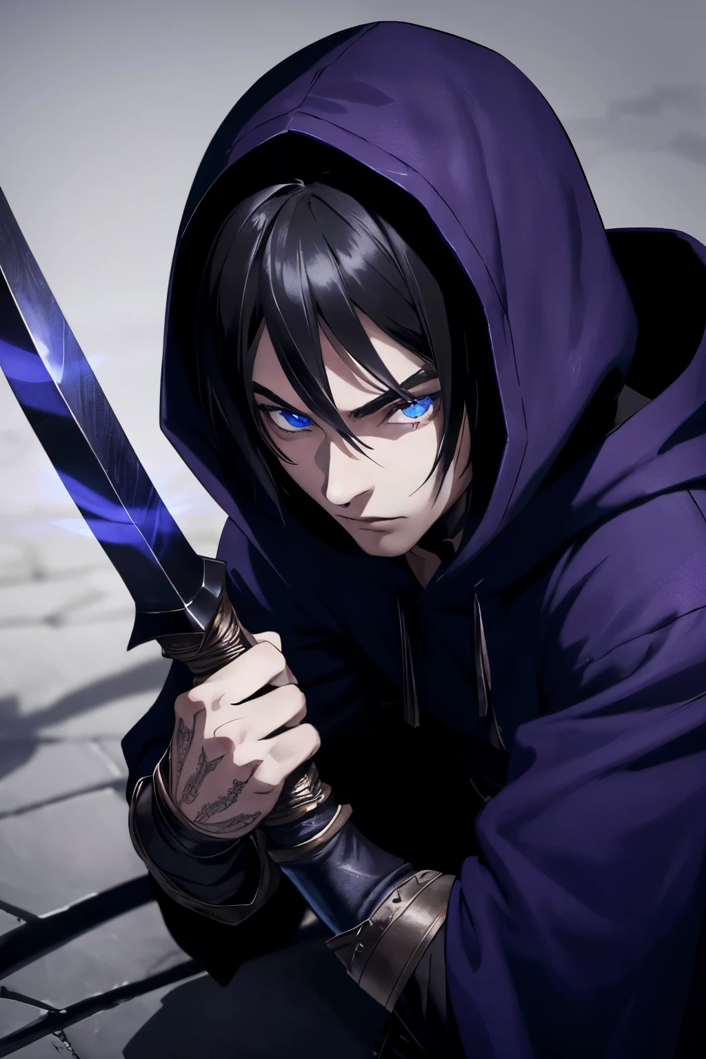 (extremely detailed 8k wallpaper), a medium shot of a fearful young rogue, male, male focus, elf, black hair, blue eyes, black clothing, hooded, medieval, intricate, high detail, with a shadow blade in his hand with purple fire, crouched, serene, ready for combat
