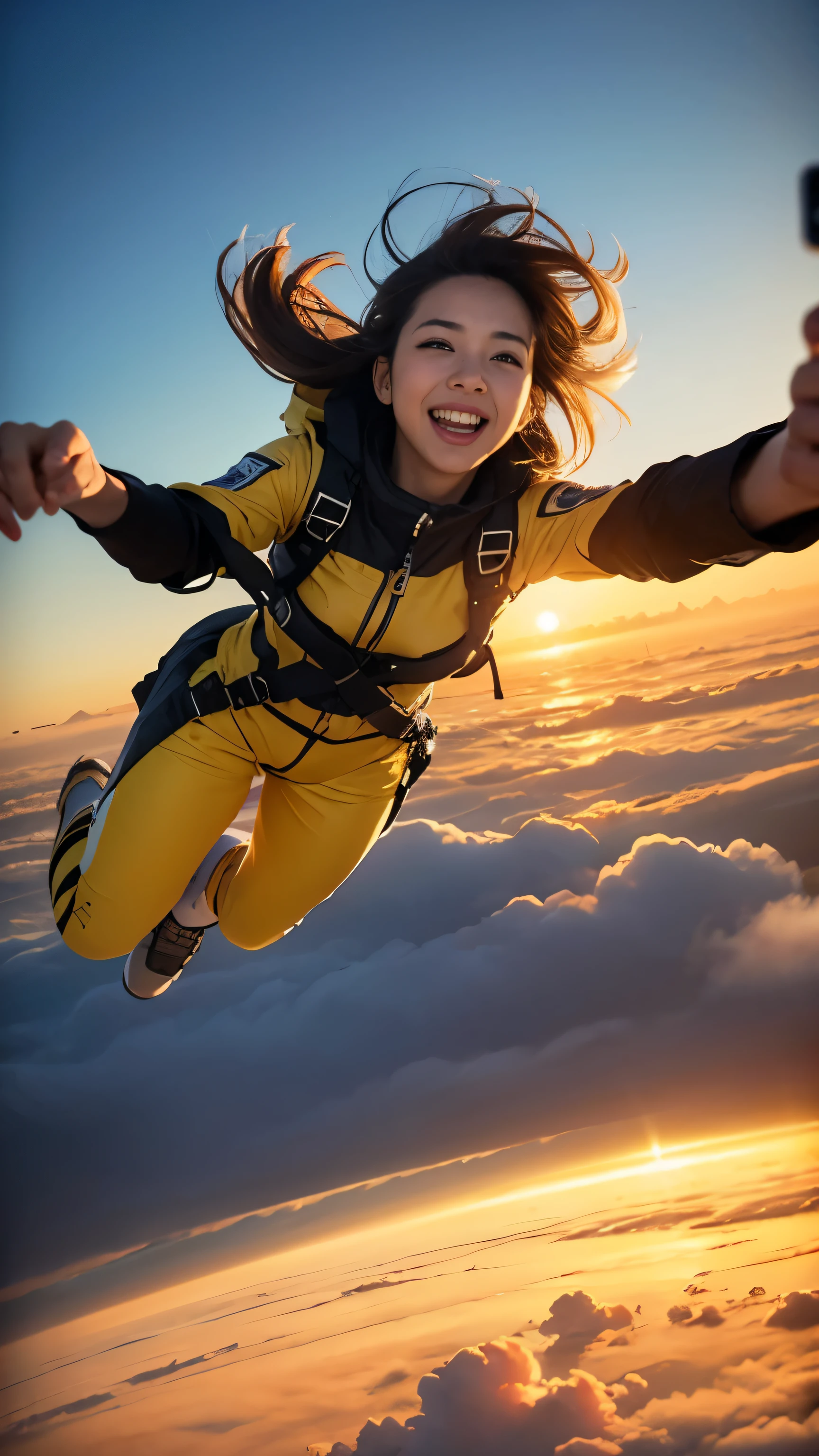 A WOMAN skydiving in air in lots of yellow clouds city floating on lots of yellow clouds ((masterpiece)), ((best quality))), ((ultra-detailed)), UHD, 8K, ((high resolution))), ((illustration)), ((realistic)), girl falling skydiving in air in yellow space suit taking selfie on floating city, in background show (Best quality,4K,8K,A high resolution,Masterpiece:1.2), Ultra-detailed,(Realistic,Photorealistic,photo-realistic:1.37), Futuristic floating city, Futuristic technology, Huge high-tech tablet platform,Floating in the sky, Futuristic city, Small airships around, High-tech hemispherical platform, city floating on lots of yellow clouds, city on top of dusty clouds, yellow clouds at bottom, golden orange yellow tones ,sunset, hot weather, girl taking selfie enthusiasm, laughing smiling, girl in yellow spacesuit, dusty environment, hot summer, desert weather. fish eye view, lots of clouds