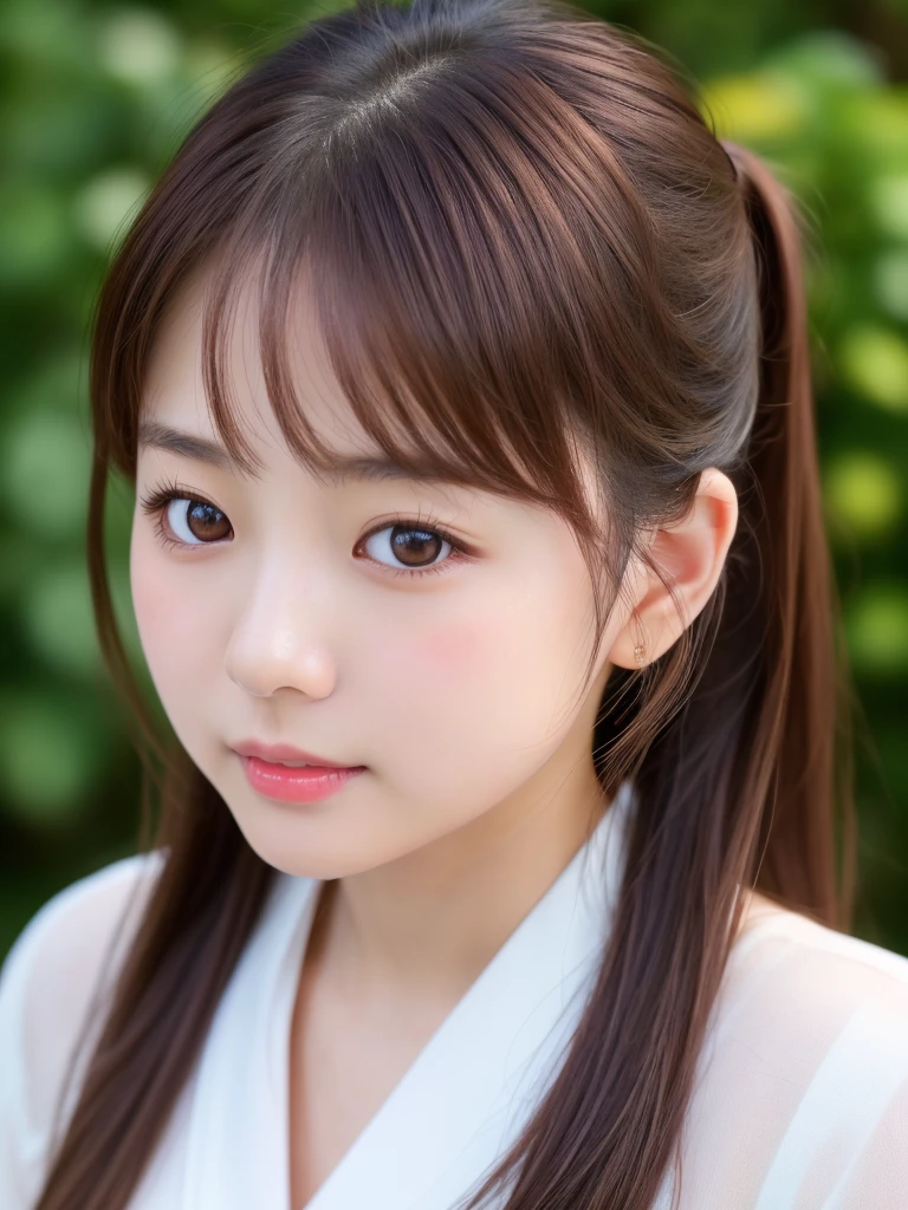 ((cute日本の女の子、beautiful japanese girl、1 girl、19 years old、ponytail、Highly detailed face and skin texture、super detailed face、highly detailed eyes、Lee Hong、blush、close-up of woman、front、cute、Highly detailed face and skin texture、smooth white skin、Transparent skin texture、))、(dark brown hair)、look at the camera、sharp focus:1.2、beautiful woman with perfect style:1.4、japanese model、young gravure idol、若いcuteグラビアアイドル、Realistic young gravure idol、sophisticated gravure idol、((highest quality、8K、masterpiece:1.3、1photograph))、(4K、RAWphotograph、highest quality)、Place someone on the other side of the screen、Natural light、professional lighting、(realistic、フォトrealistic:1.4)、