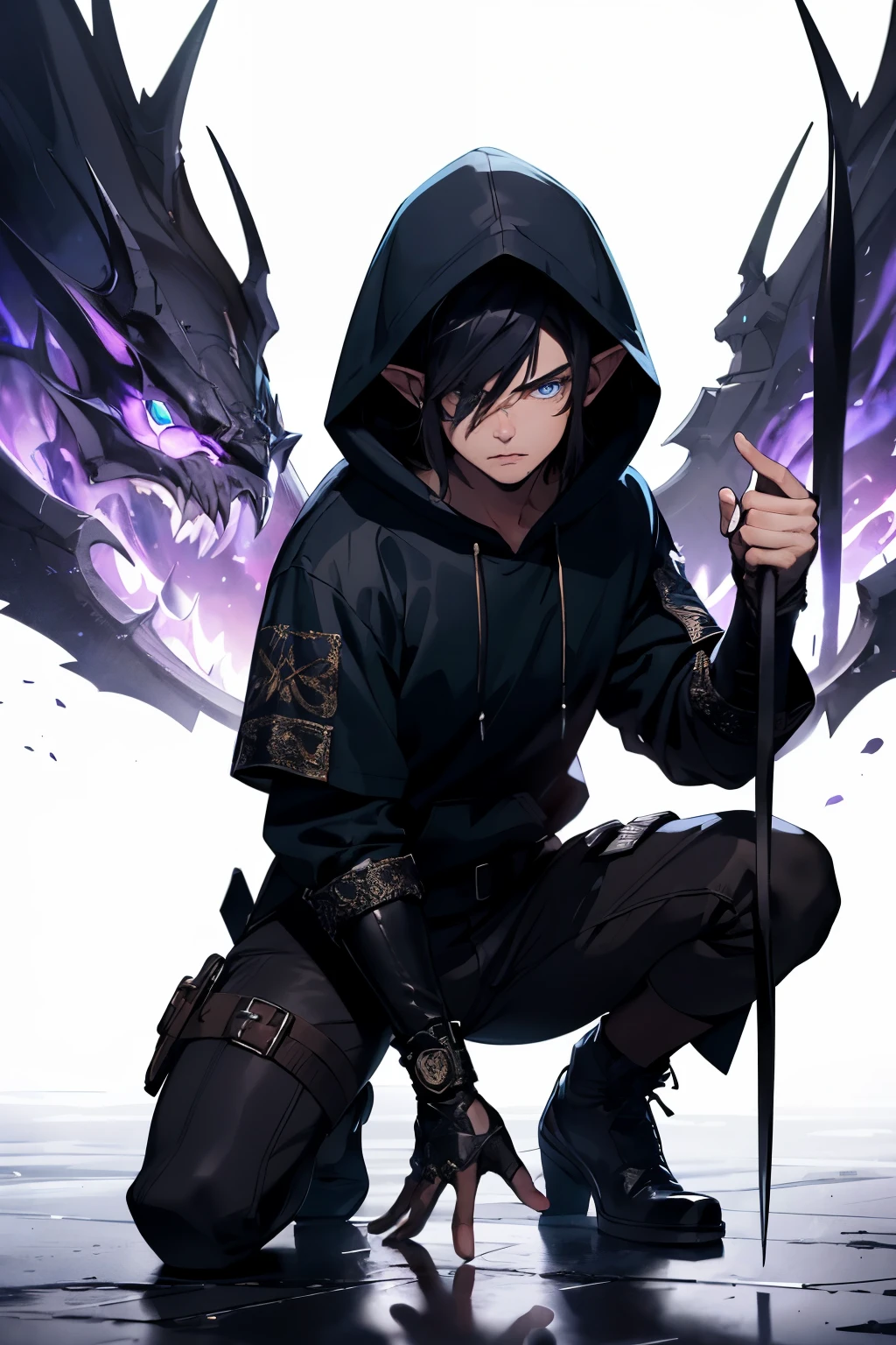 (extremely detailed 8k wallpaper), a medium shot of a fearful young rogue, male, male focus, elf, black hair, blue eyes, black clothing, hooded, medieval, intricate, high detail, with a shadow blade in his hand with purple fire, crouched, serene, ready for combat