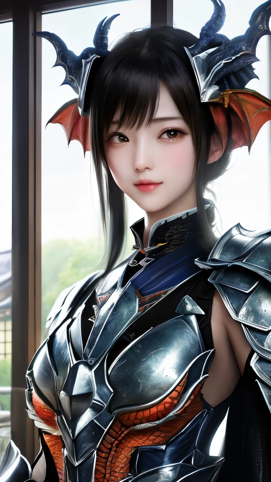 最high quality、high quality、best image quality、8K、最High resolution、High resolution、最high quality、masterpiece、RAW photo、whole photo、realistic atmosphere、(detailed face)、(fine hands、thumb１reference４)、(beauty of japan )、very nice face、beautiful face、((beautiful japanese girl))、(japanese woman), ((18 year old beautiful girl))、(glossy black hair)、(long straight hair)、(ponytail)、slim style、shiny skin、Fair skin、beautiful skin、whole body、(Head-to-toe depiction)、realistic human skin、realistic human body structure、perfect body， perfect face， perfect hands， perfect fingers， perfect lips， perfect eyes，perfect teeth、perfect background round， soft natural light、Interior of a medieval European-style Western-style building、Interior decorated with artwork from the 1690s、 Interior of a 1600s mansion、Classic Bedroom、complex room、Classic interior、(very clear glass)、(clear tempered glass)、(glass that allows light to pass through)、((Made of transparent glass(dragon armor))、((Made of transparent glass(Dragon Helm))、((Armor reminiscent of a dragon))、