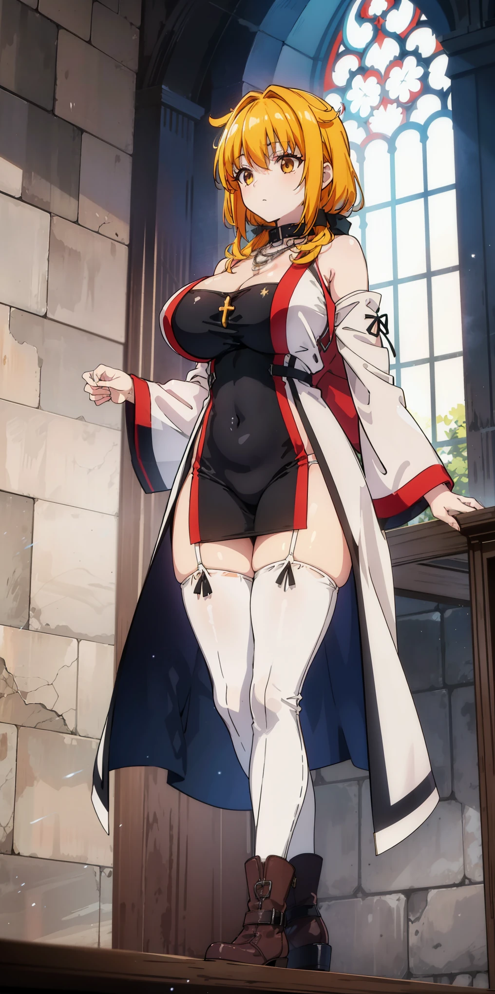FAR SHOT FROM BELOW, (Masterpiece, best quality), (highres, ultra-detailed), ( perfect anatomy), outdoors, 1girl, solo, dress, sela, large breasts, tan, necklace, white sleeves, thighhighs, muscular, thighs, full body, priestess, church, religous, pants, coat, pullover, boots, body suit, bigdress, big robe,black body suit