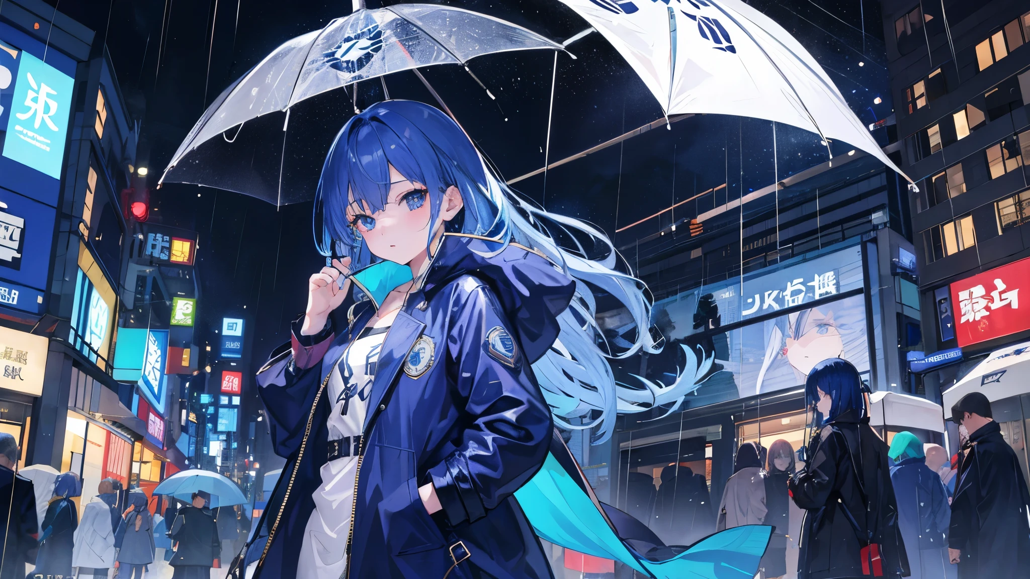 1 girl,City of night,rain,coat,put one&#39;s hand in one&#39;s pocket、blue hair、茶色いcoat