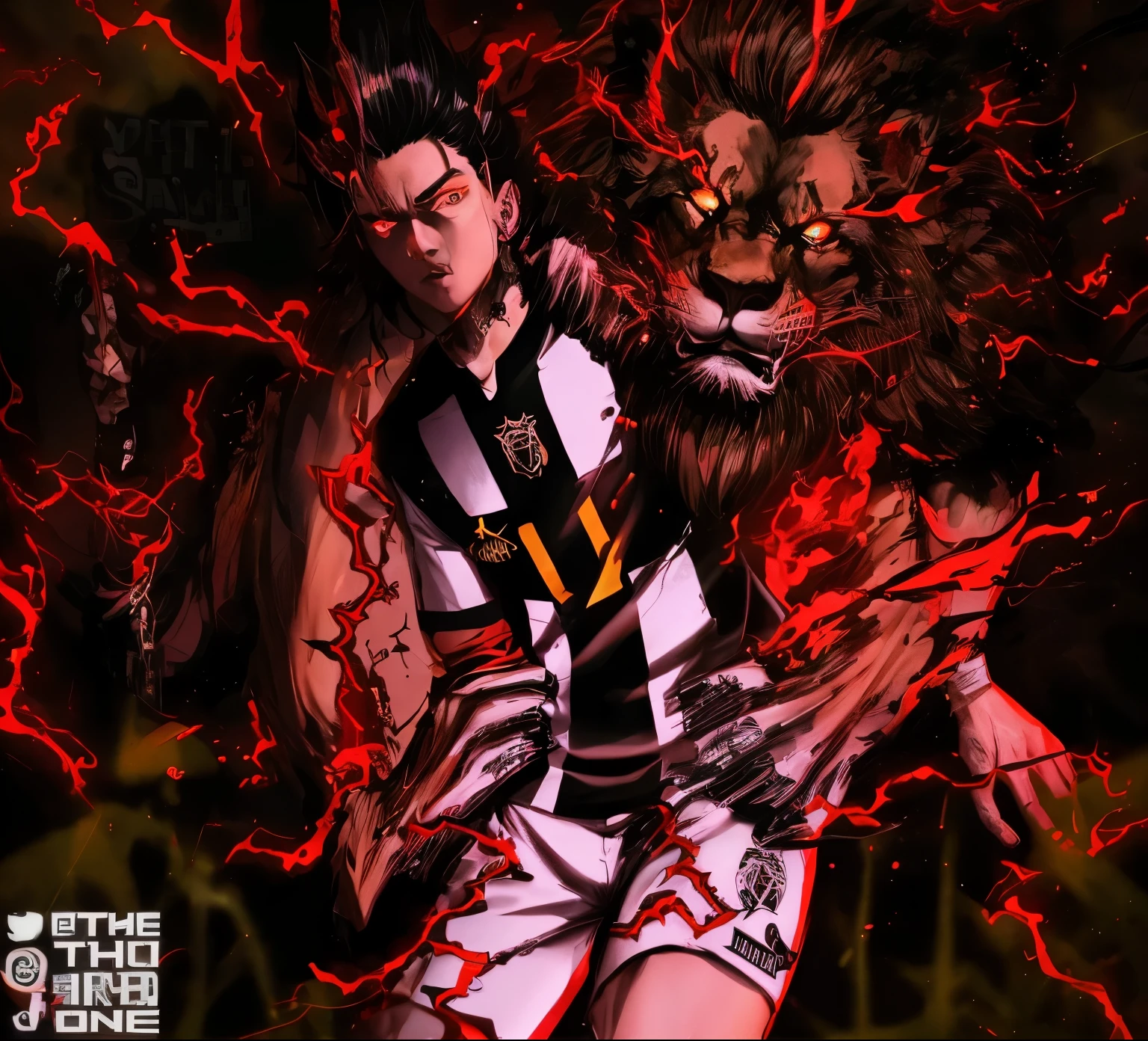 menino anime com olhos vermelhos e uma camisa preta com colarinho preto, badass anime 8k e cabelo preto, With a lion behind him