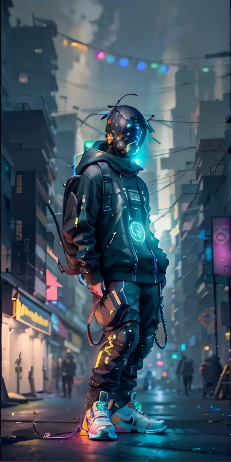 (obra de arte, Tiro de corpo inteiro, Intricado raw photography) cyberpunk citizen, Comfortable Oversize Black Hood, black cargo pants, detalhes de luzes neon em roupas escuras,usando um capacete preto estilo astronauta, detalhes da luz neon, Intricado, futurista, nitidez, random friendly position, cidade ciberpunk, street neon lights, noite, Instant Photo, foto do ano, Octane rendering, substance, maia 3d, cinema4d, art season trends, Deviant Art Trends,