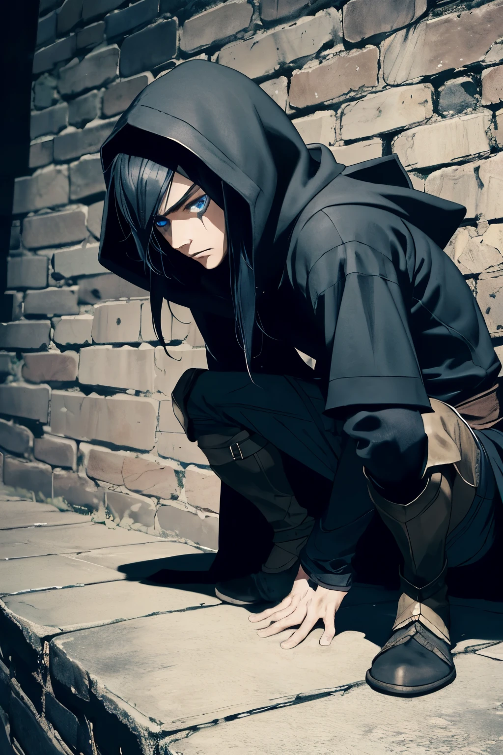 (extremely detailed 8k wallpaper), a medium shot of a fearful young rogue, male, male focus, elf, black hair, blue eyes, black clothing, hooded, medieval, intricate, high detail, with a shadow blade in his hand, crouched, serene, ready for combat