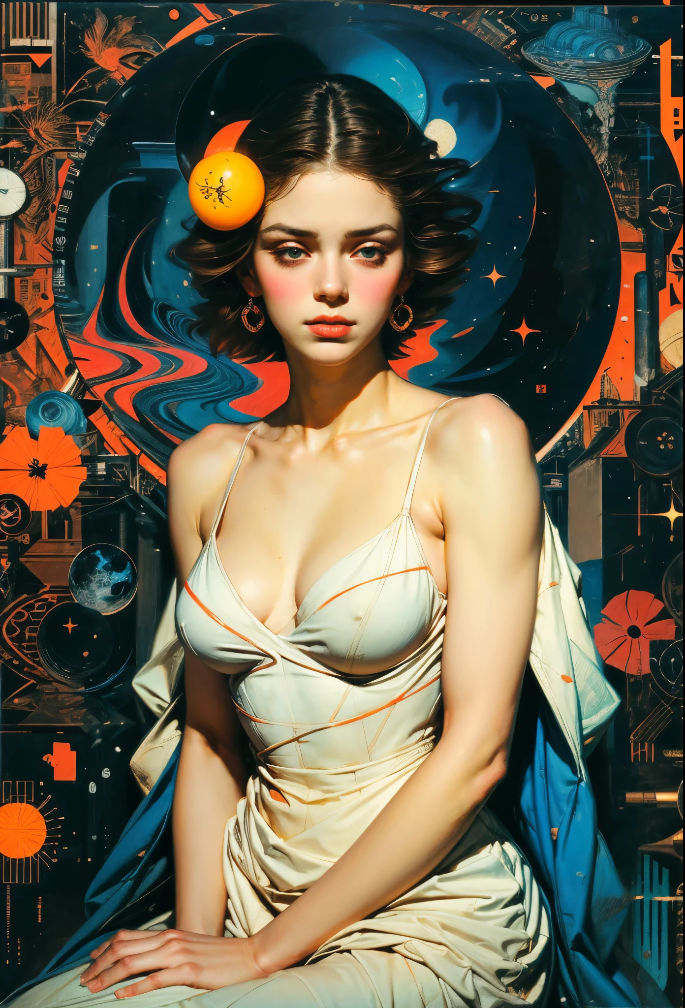 nude art,modern,beautiful female body,subtle lighting,soft shadows,smooth skin,masterpiece:1.2,highly detailed curves,vibrant colors,sensual atmosphere,simple background,artistic composition,pure form,Aphrodite-like elegance,graceful poses,contrast of light and shadow,subtle brushstrokes,delicate textures,museum-worthy,abstract elements,sophisticated color palette,hint of eroticism,strong emotion,expressive eyes,confident body language,emphasized femininity,harmony of lines and shapes,breathtaking aesthetic,implied movement,graceful curves,masterful technique,powerful and captivating,positive body image,natural beauty,human form as art,celebration of the female form. Create an abstract piece that captures the tumultuous emotions of a particular moment in time. Use bold brushstrokes, swirling patterns, and contrasting colors to convey the intensity of the emotions. strong warrior princess, centered, key visual, intricate, highly detailed, breathtaking beauty, precise lineart, vibrant, comprehensive cinematic, Carne Griffiths, Conrad Roset, (the most beautiful portrait in the world:1.5) Imagine the universe as a vast symphony of colors and shapes. Create an abstract representation of the cosmos, using swirling galaxies, nebulae, and celestial bodies to evoke a sense of wonder and awe. Incorporates a blend of watercolor and , maximalism artstyle, geometric artstyle) Incorporate vibrant colors, dynamic brushstrokes, and intriguing textures to capture the essence of the subject's inner world, capturing a surrealist vision, Perfect centralization, Um caozinho bonito ruivo por toda parte, Usa uma jaqueta,