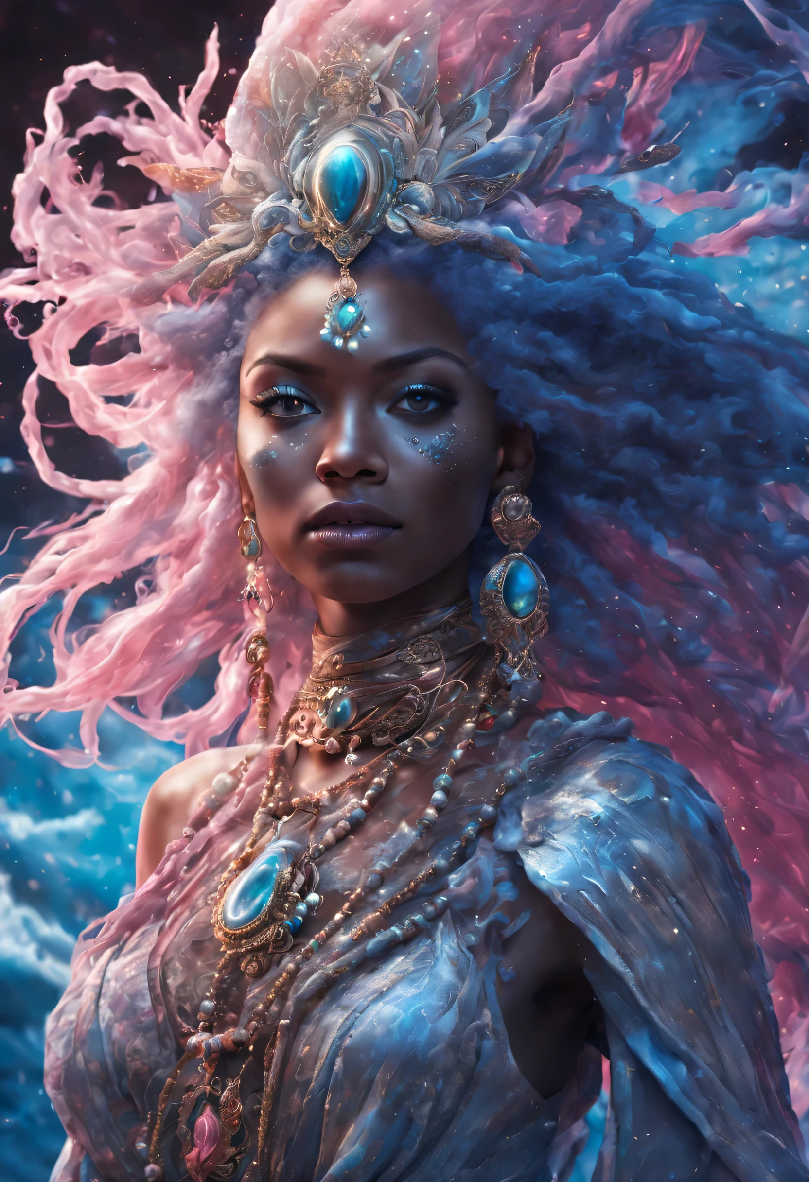 Imagine an ultra-realistic image of Yemanjá, adaptado ao estilo cromopunk, serving as epic game wallpaper. She is against a black background, surrounded by an immersive atmosphere created by blue smoke effects, prata, rosa, e branco, adding a surreal and powerful touch to the scene.
Yemanjá strikes an epic pose, seu cabelo preto fluindo como as ondas do mar, adorned with shells and pearls, reflecting the pratay and bluish glow illuminating her. Your radiant skin is captured in ultra-realistic detail, wrapped in dynamic blue and prata lights, highlighting its majesty and spiritual strength. The composition is energized by touches of rosa e branco, adding layers of depth and emotion to the image.
Colorful smokes intertwine around you, creating a dramatic and mystical effect, with each color symbolizing different aspects of its essence - blue represents the depth and calm of the sea, prata purity and wisdom, rosa compassion and maternal love, e branco peace and protection.
HDR lighting accentuates every detail, from the subtle shine of pearls to the reflections on your skin, criando uma imagem incrivelmente bela e sobrenaturalmente poderosa. Yemanjá's pose is both welcoming and authoritarian, a manifestation of her nature as queen and mother of the sea, inviting the viewer to feel its powerful and calming presence.
This chromopunk HDR portrait of Yemanjá is a celebration of vibrant colors, Epic composition, e ultra-realismo, with a smoky background evoking the mysterious depth of the ocean and the infinity of the night sky, capturing the divine essence and imposing the presence of the orixá in an eternal moment.