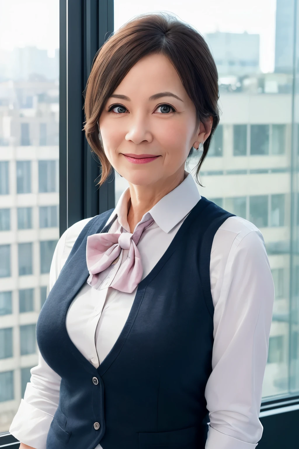 1 girl, mature woman, vest, bow, photograph, realistic, highest quality, hire, detailed face, office, building from the window, detailed background, diffused sunlight, Depth of bounds written, Bokeh