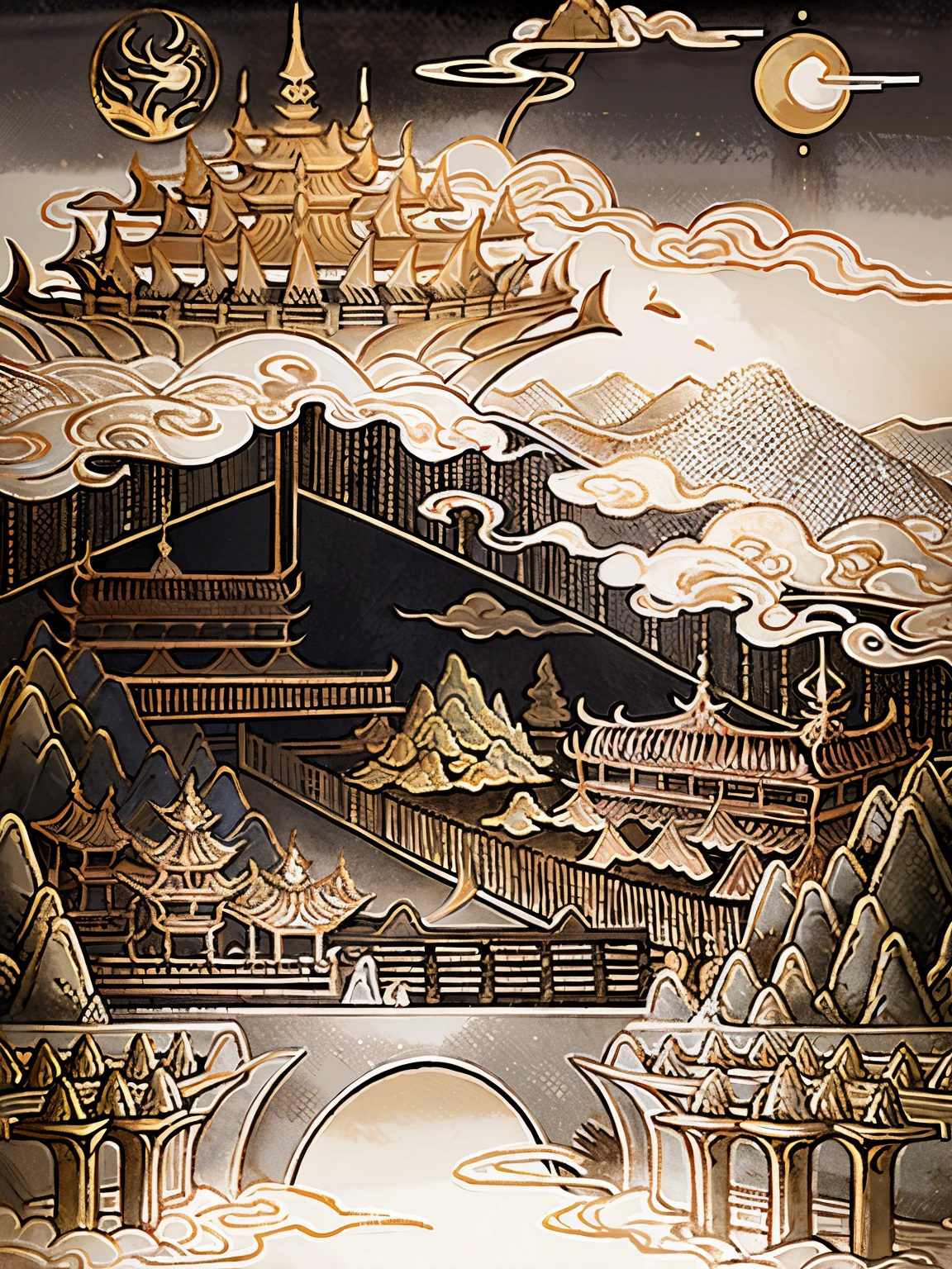 An ancient Javanese painting, ancient Javanese background, mountains, rivers, auspicious clouds, pavilions, sunshine, masterpieces, super detail, epic composition, ultra HD, high quality, extremely detailed, official art, unified 8k wallpaper, Super detail, 32k -- v 6