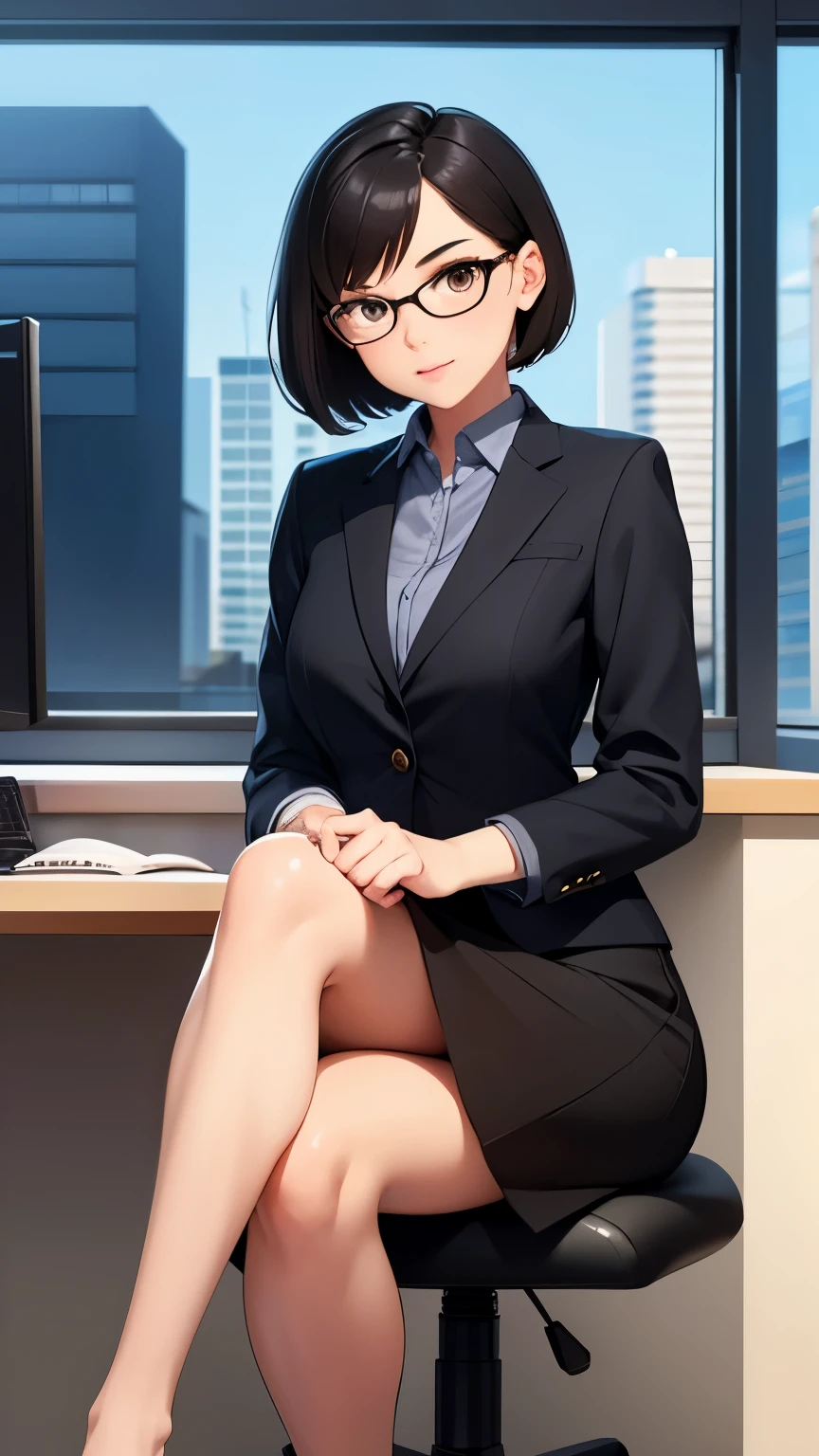 1girl, fairskin, (high quality),short black hair, brown eyes, secretary, black skirt, sitting, office,