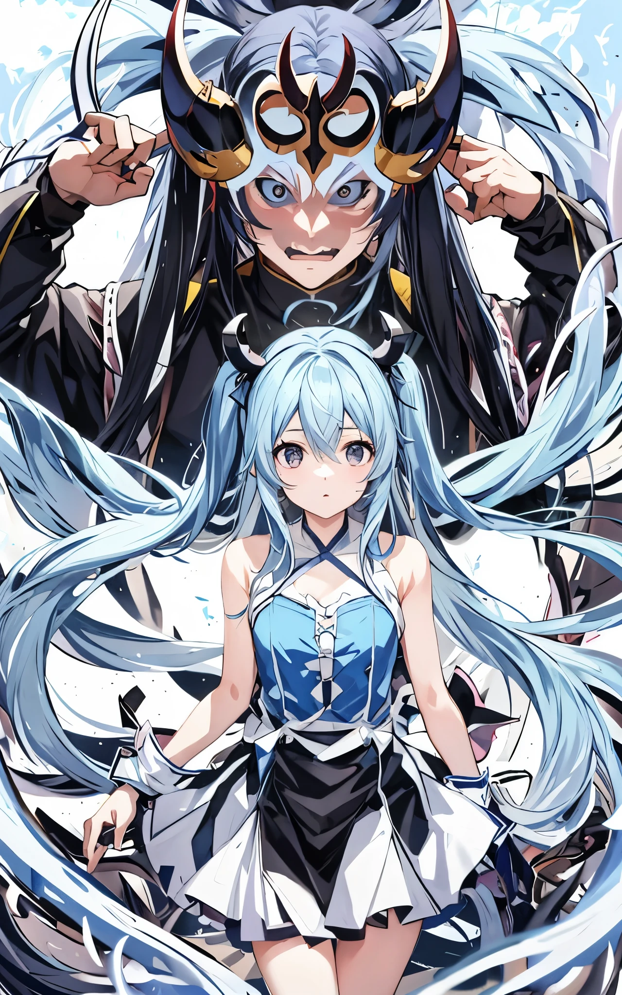 light blue long hair、Twin-tailed girl, black eyes、Have beans、Chasing someone wearing a demon mask、Face-to-face audience,  