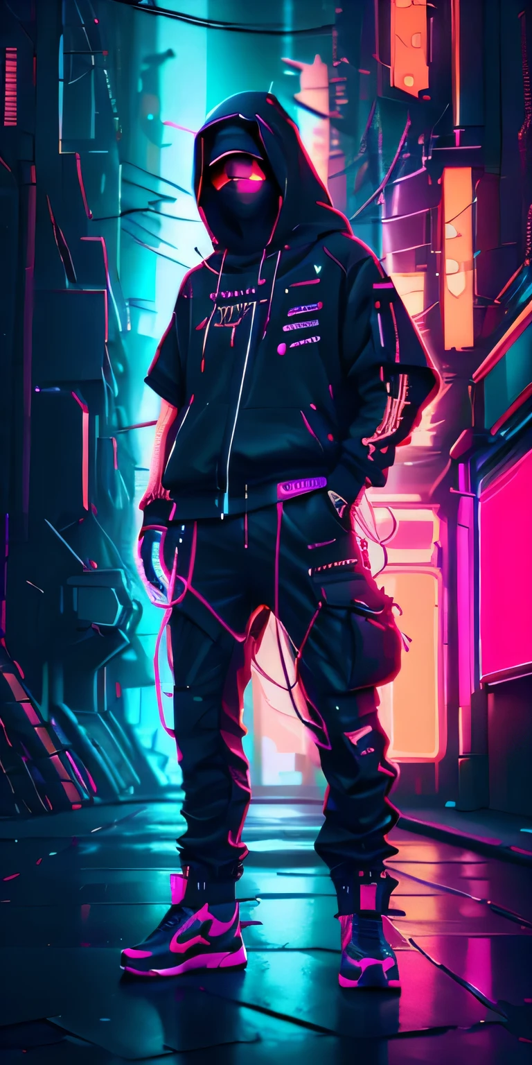 (obra de arte, Tiro de corpo inteiro, intricado raw photography) cyberpunk citizen, Comfortable Oversize Black Hood, black cargo pants, detalhes de luzes neon em roupas escuras,usando um capacete preto estilo astronauta, detalhes da luz neon, intricado, futurista, nitidez, random friendly position, cidade ciberpunk, street neon lights, noite, Instant Photo, foto do ano, Octane rendering, substance, banana 3d, cinema4d, Art Season Trends,  Deviant art trends,