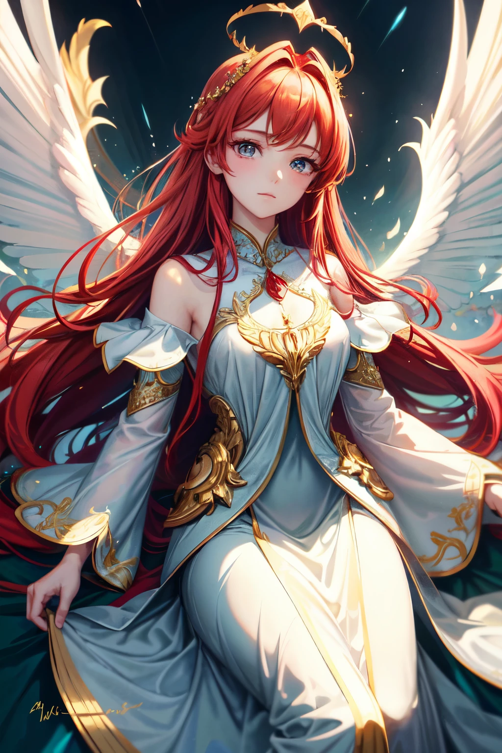 (masterpiece, best quality), 1 girl with fiery red hair, adorned in a pristine white dress that flows gracefully around her, portrayed as an ethereal angel in this magnificent work of art. Her wings, delicately crafted with intricate details, spread majestically behind her against a dark, mesmerizing background. A golden halo crown graces her head as she gazes intently at the viewer with closed, serene eyes. This exquisite piece, created in the enchanting anime style, comes alive with a blue theme, enhancing the tranquil atmosphere. The high resolution, available in 4K and 8K, showcases the stunning
